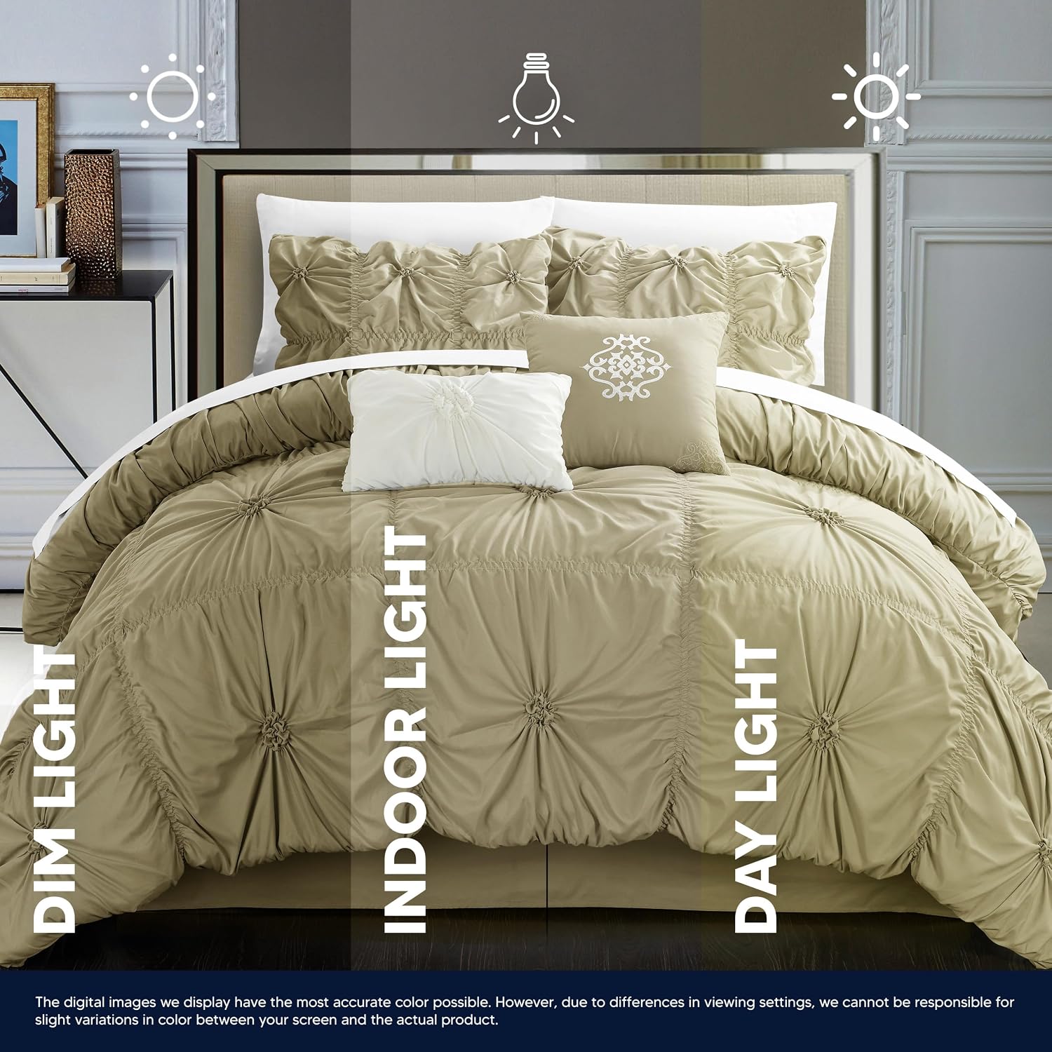 Chic Home Taupe Bed in a Bag Comforter Set, King Size (6 Piece), Halpert - Pintuck Pinch Pleat Microfiber Bedding - Shams, Bed Skirt, Flat & Fitted Sheet, Pillowcases, Breakfast & Decorative Pillow