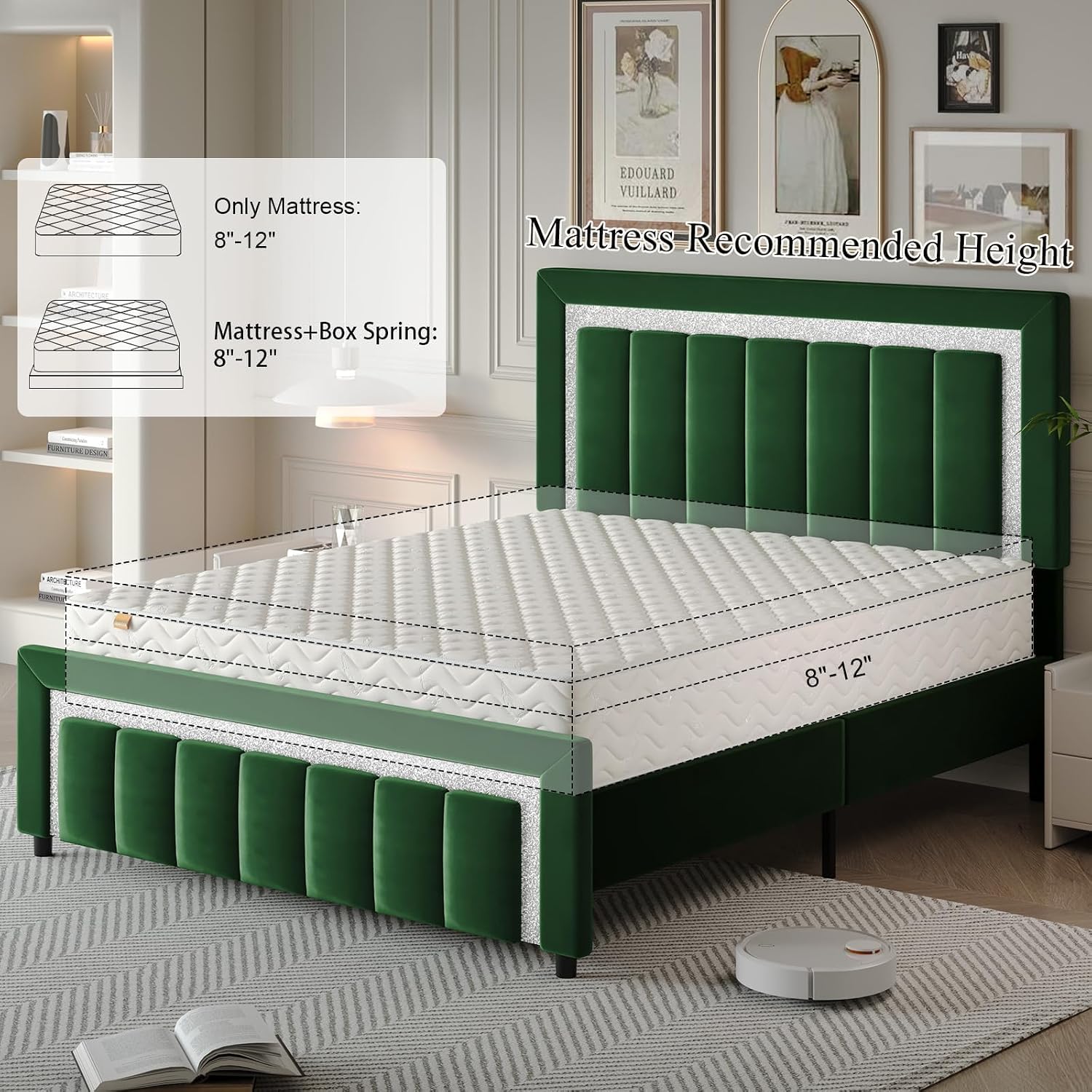 HOMBCK Bed Frame Queen Size with Upholstered Headboard and Footboard, Velvet Queen Bed Frames with Diamond Design, No Box Spring Required, Easy Assembly, Green