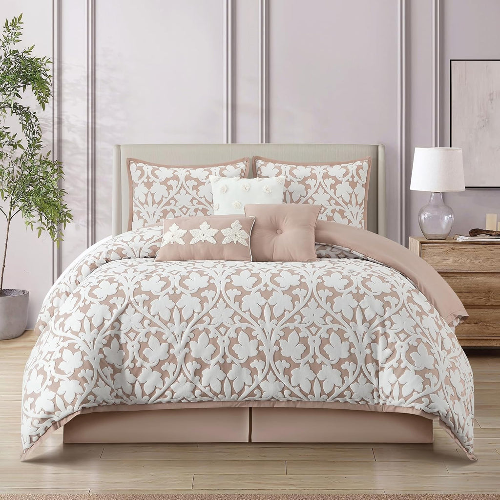 Stratford Park Floral Leaves Comforter Set, Blush California King Size Bedding, 7 Piece Jacquard Bedding Set, All Season, Matching Pillows, Shams, Bed Skirt