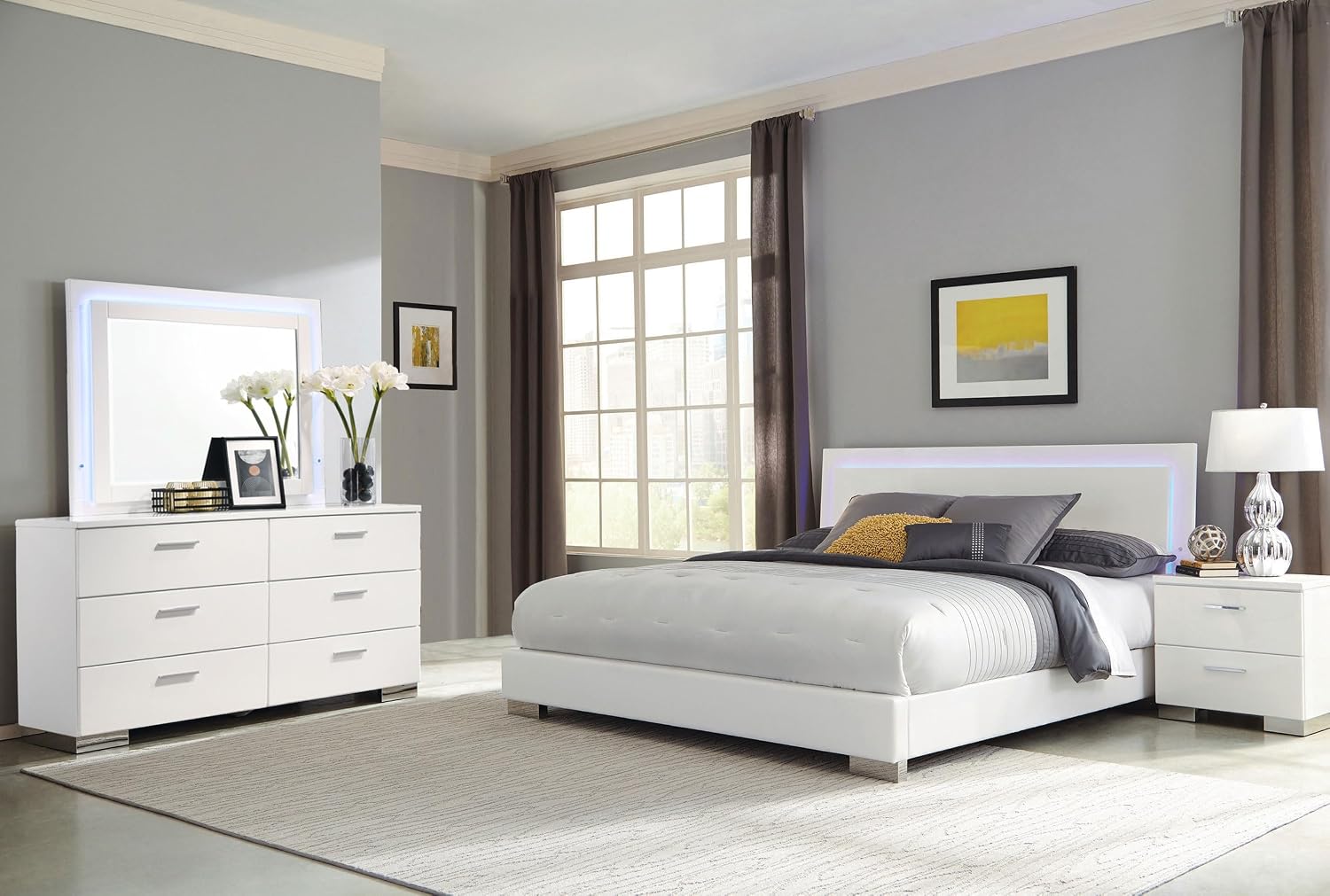 Coaster Home Furnishings Felicity Contemporary 4-Piece Bedroom Set Queen Size LED Panel Bed Frame 49-inch Headboard White High Gloss 203500Q-S4L