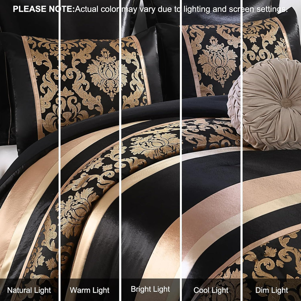 Finlonte Black Gold Comforter Set King Size - Luxury Jacquard Floral 7-Piece Silky Bed in a Bag, Vintage Patchwork All Season Down Alternative Bedding Set with Matching Shams, Pillows, Bed Skirt
