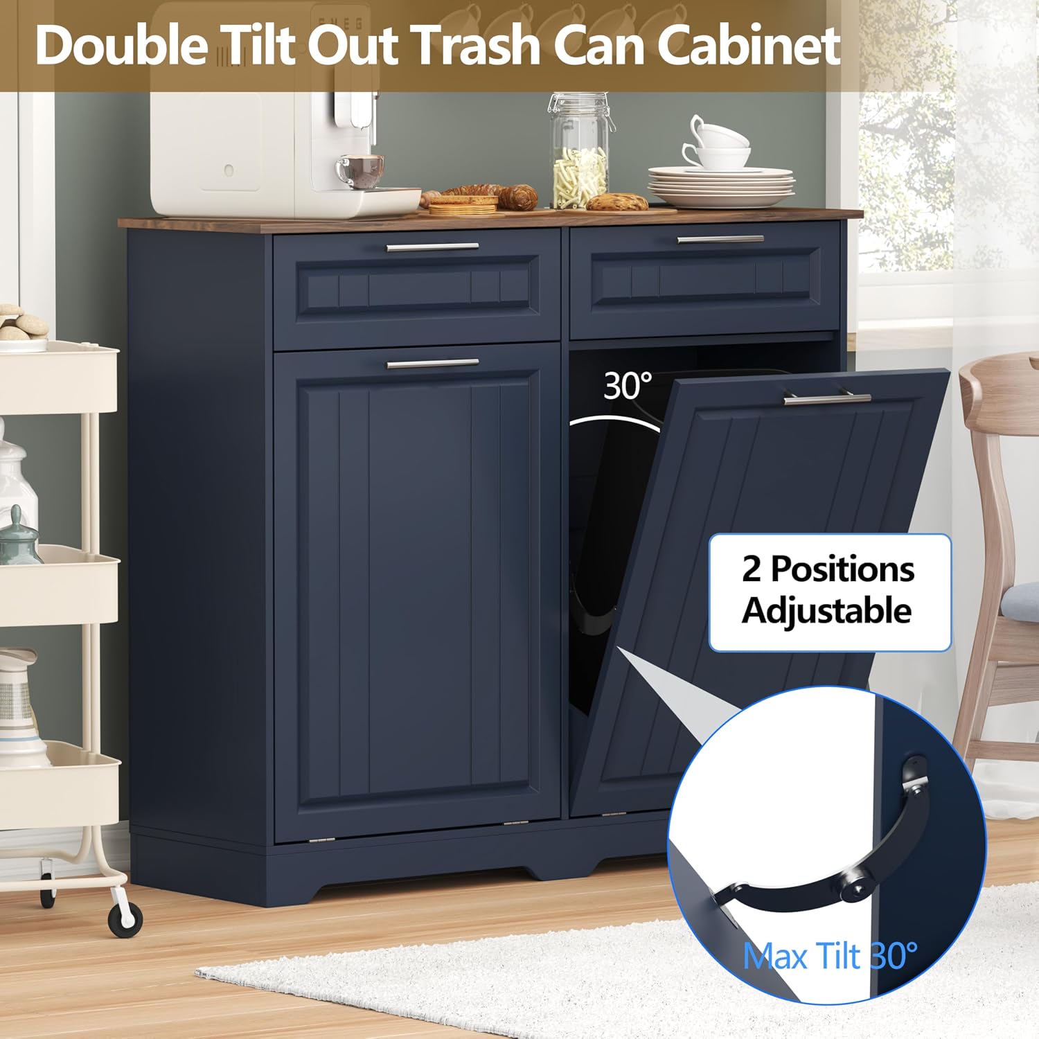 Double 10 Gallon Tilt Out Trash Can Cabinet with Deodorizing Function and Power Outlet, Wooden Hidden Garbage Can Holder with 2 Storage Drawers for Kitchen, Laundry Hamper Cabinet for Bathroom, Blue