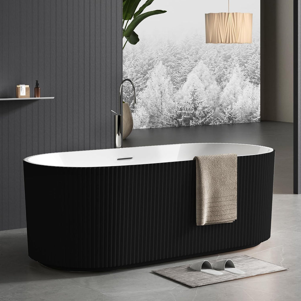 67 inch Freestanding Bathtub for Main Bathroom – Black & White Acrylic Free Standing Tub with Chrome Drain, Extra-Deep Soaking Tub for Luxurious Bathing Experience