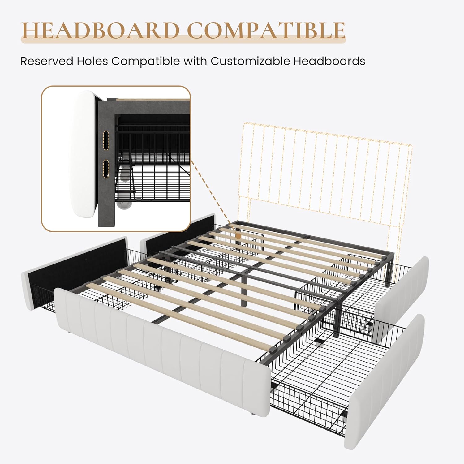 SHA CERLIN Full Size Velvet Upholstered Platform Bed Frame with 4 Storage Drawers, Vertical Channel Tufted, Low Profile, Fits Standard Headboards, Wooden Slats Support, Easy Assembly, White