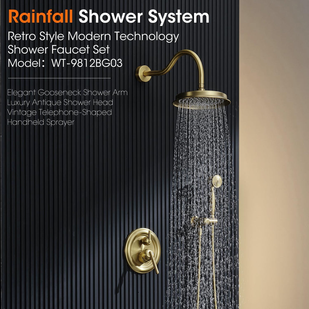 Antique Rainfall Shower System Bathroom Luxury Rain Mixer Shower Faucet Set with Pressure Balance Valve, Shower Combo Set with Rain Shower Head and Vintage Handheld Spray 9 inch Light Gold