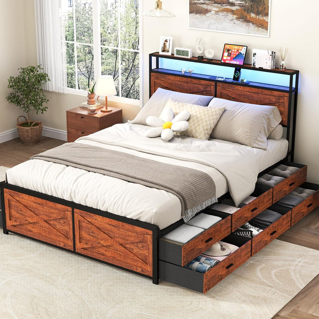 Kiivakii Queen Size Bed Frame with 12 Storage Drawers, LED Headboard with Charging Station, Metal Platform Bed Frame, No Box Spring Needed, Noise-Free, Stable and Solid, Brown