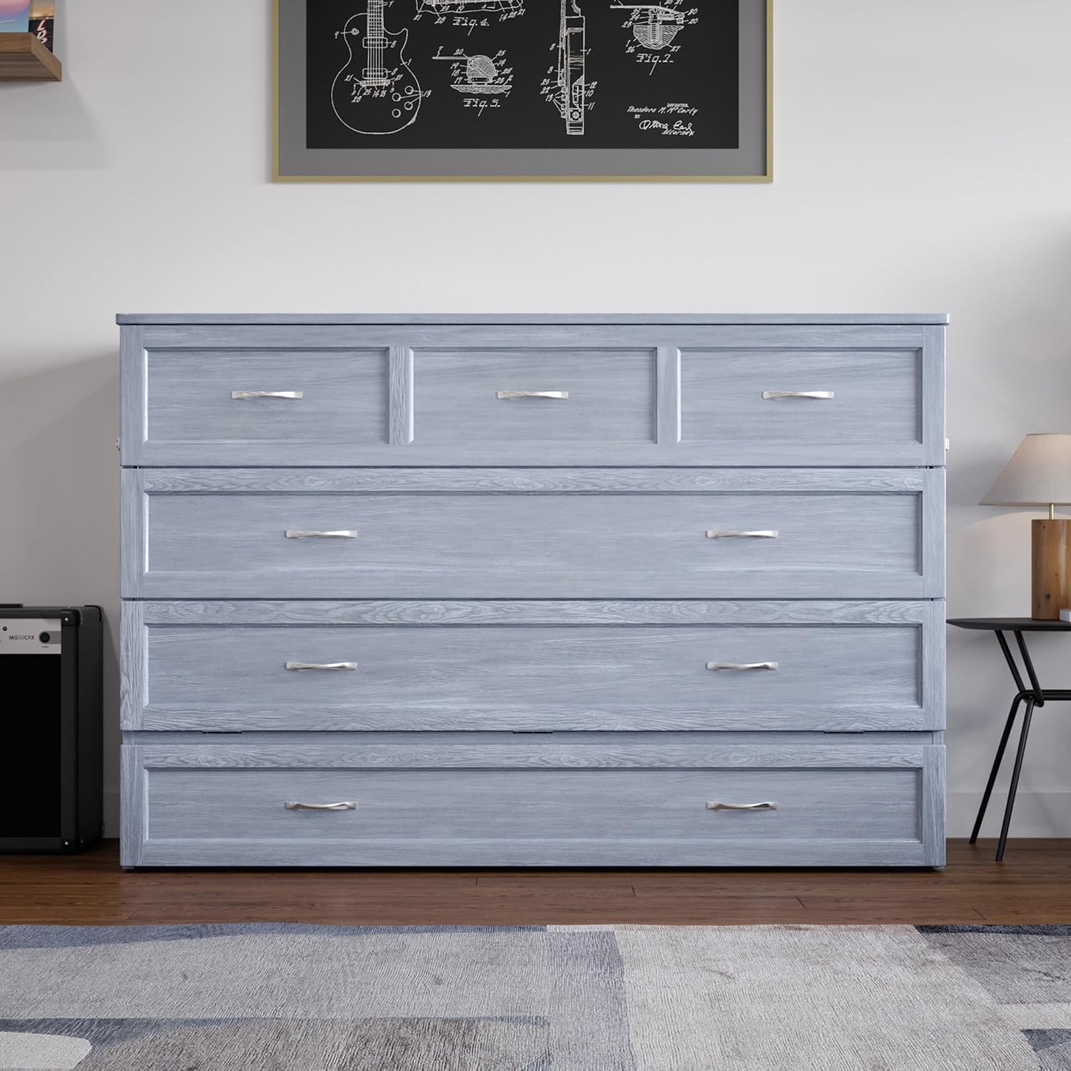 AFI, Northfield Murphy Bed Chest Queen with 6' Mattress, Storage Drawer & Built-in USB Charger, Driftwood
