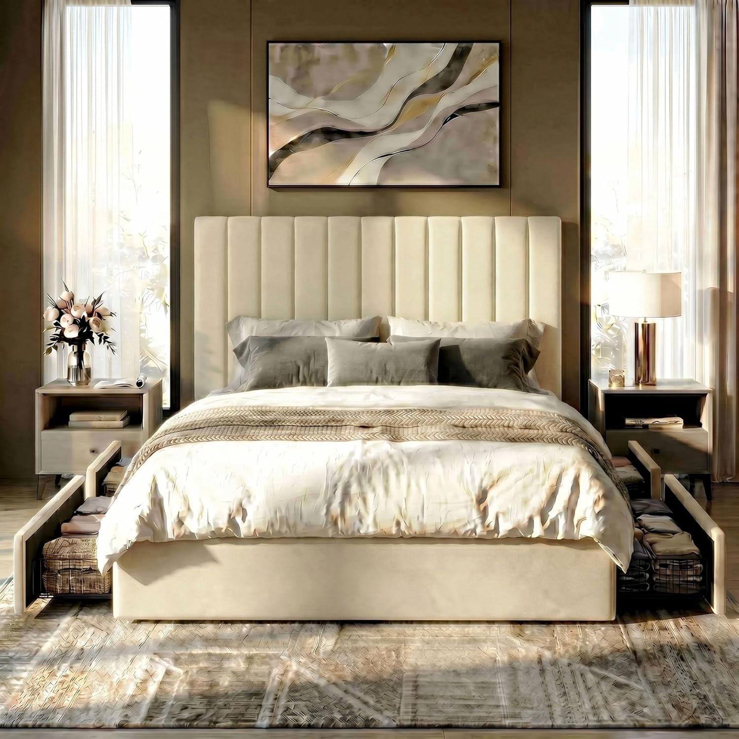 SHA CERLIN Queen Platform Bed Frame with 4 Storage Drawers, Vertical Channel Tufted Adjustable Headboard, Velvet Upholstered, Wooden Slats Support, No Box Spring Needed, Easy Assembly, Cream