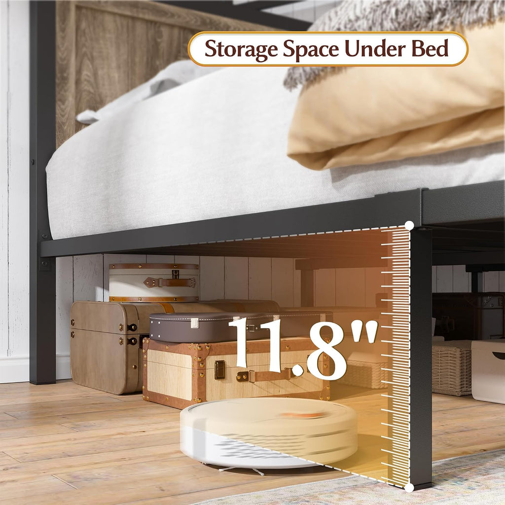 EnHomee Full Size Bed Frame with 2 Storage Drawers and Headboard Full Bed Frame with Built in Charging Station & LED Light,NO Noise,No Box Spring Needed,Light Grey