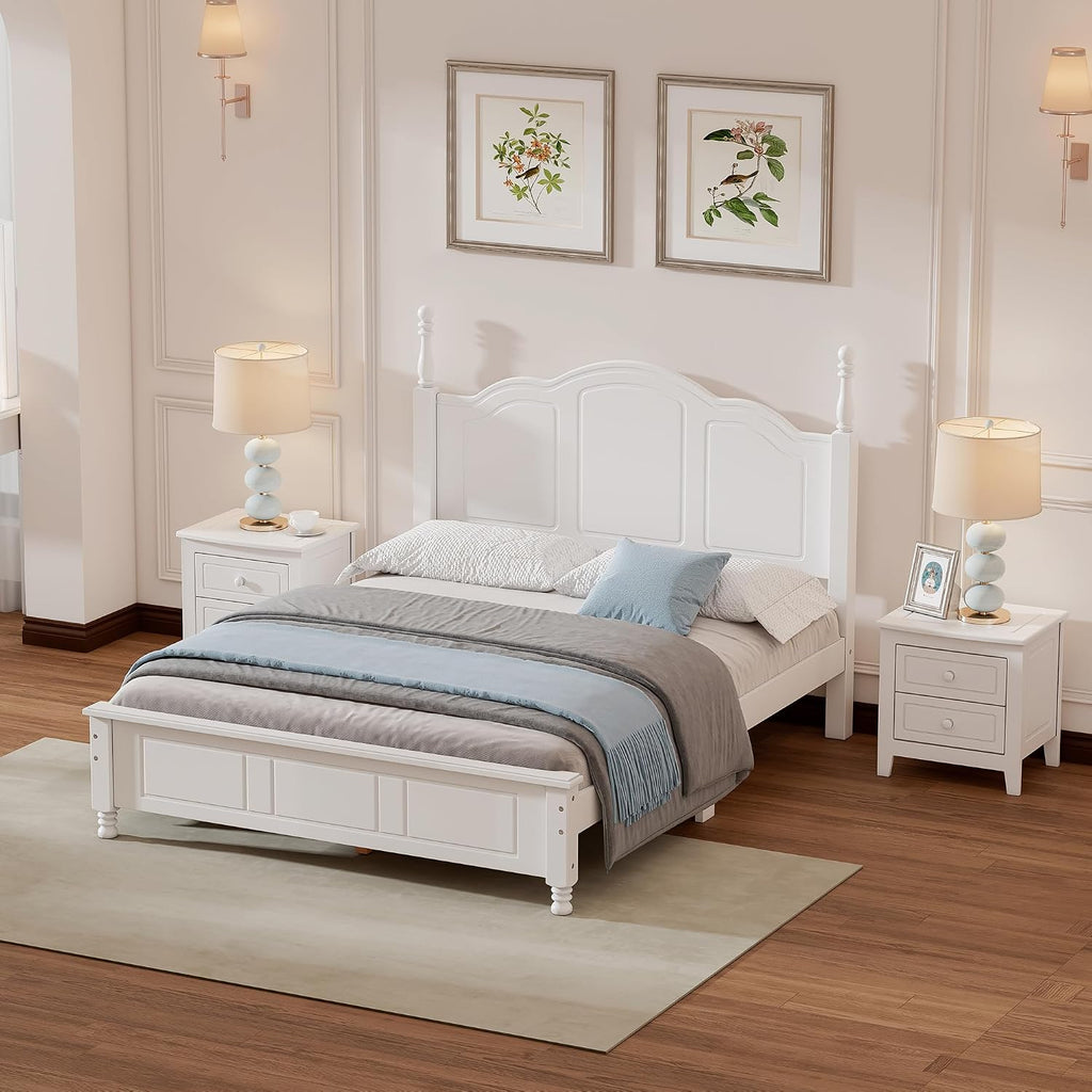 3-Pieces Bedroom Sets, Retro Style Full Size Platform Bed with Wooden Slat Support and Headboard, Wooden Bedroom Furniture Set with 2 Nightstands for Kids Teens Adults Bedroom (White + Wood 078)