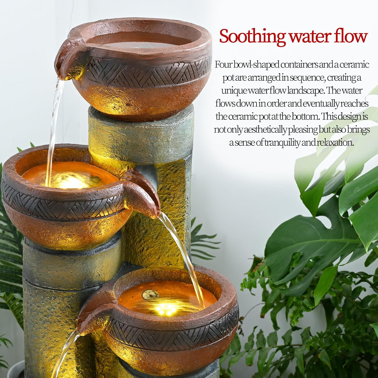 39.7''H 5-Tier Relaxing Outdoor Indoor Garden Water Fountain Decor - for Contemporary Design for Garden, Patio, Deck, Porch, Backyard and Home Art Decor Brown
