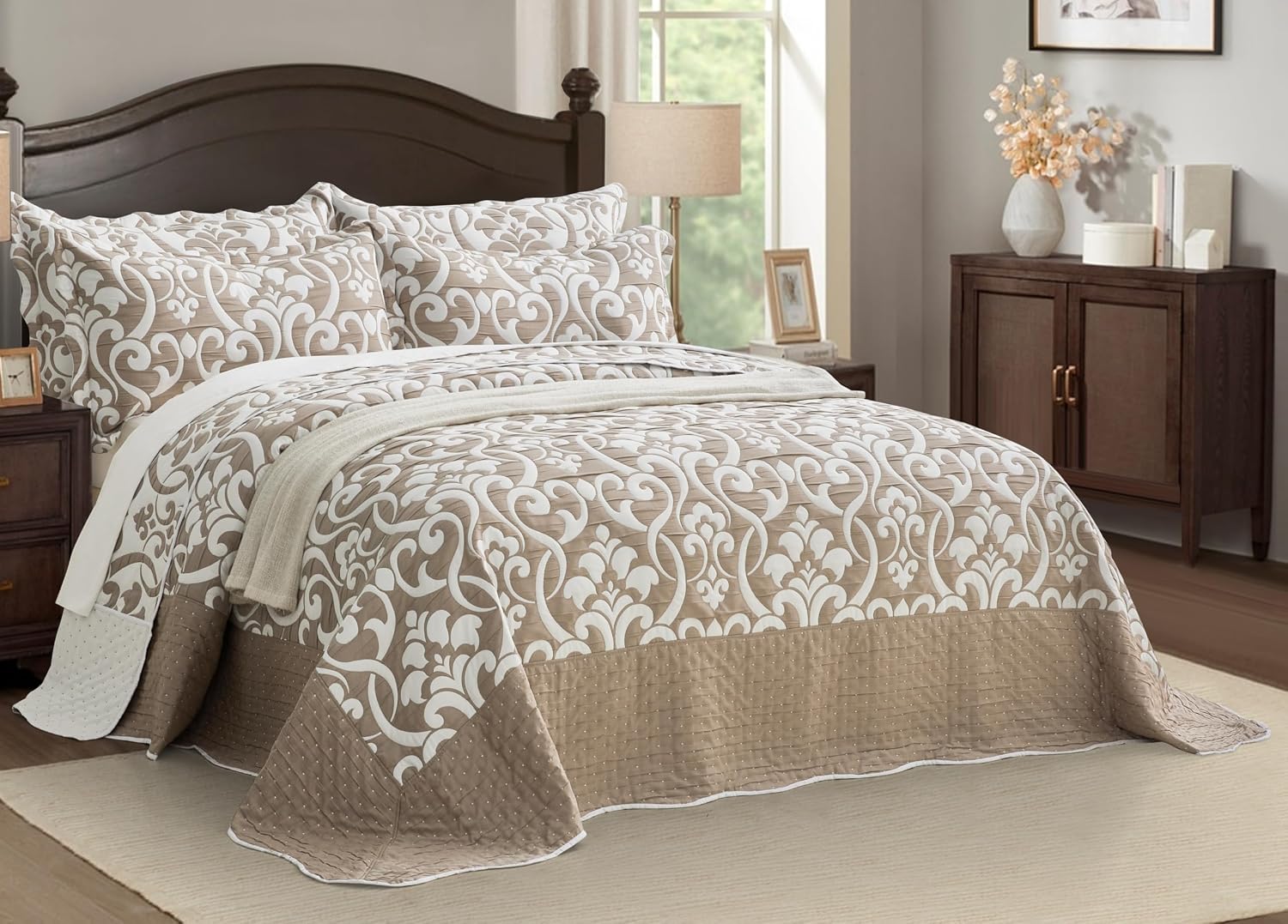 Chezmoi Collection Oversized Bedspread 138x122, Jacquard Matelasse Floral Damask Design, 5-Piece Lightweight Reversible Microfiber Coverlet Set Textured Dot Border, Alaskan King, Dark Gray/White