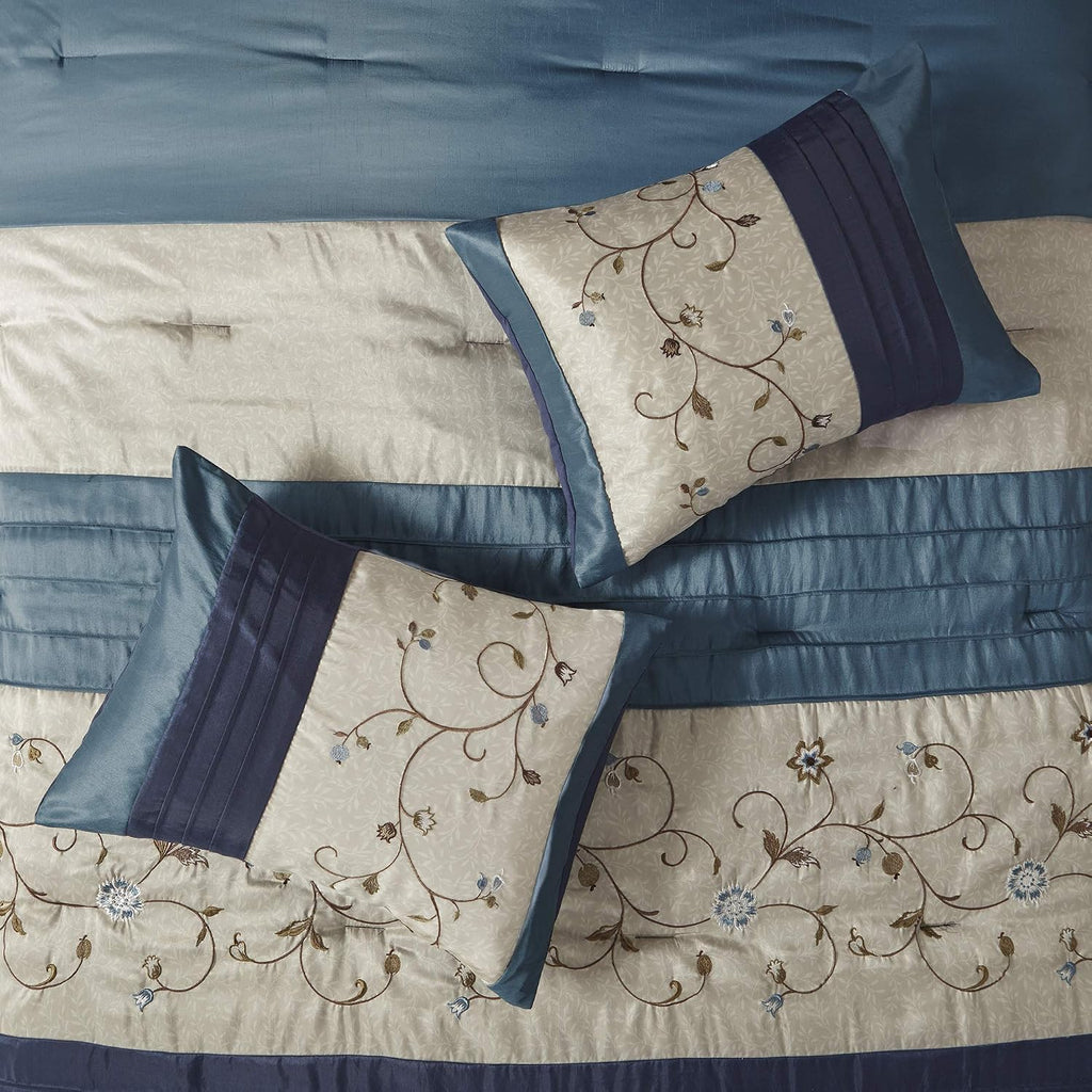 Madison Park Serene Faux Silk Comforter Set - Floral Embroidery Design, All Season Bedding Set, Matching Bed Skirt, Decorative Pillows, Navy Cal King(104'x92') 7 Piece