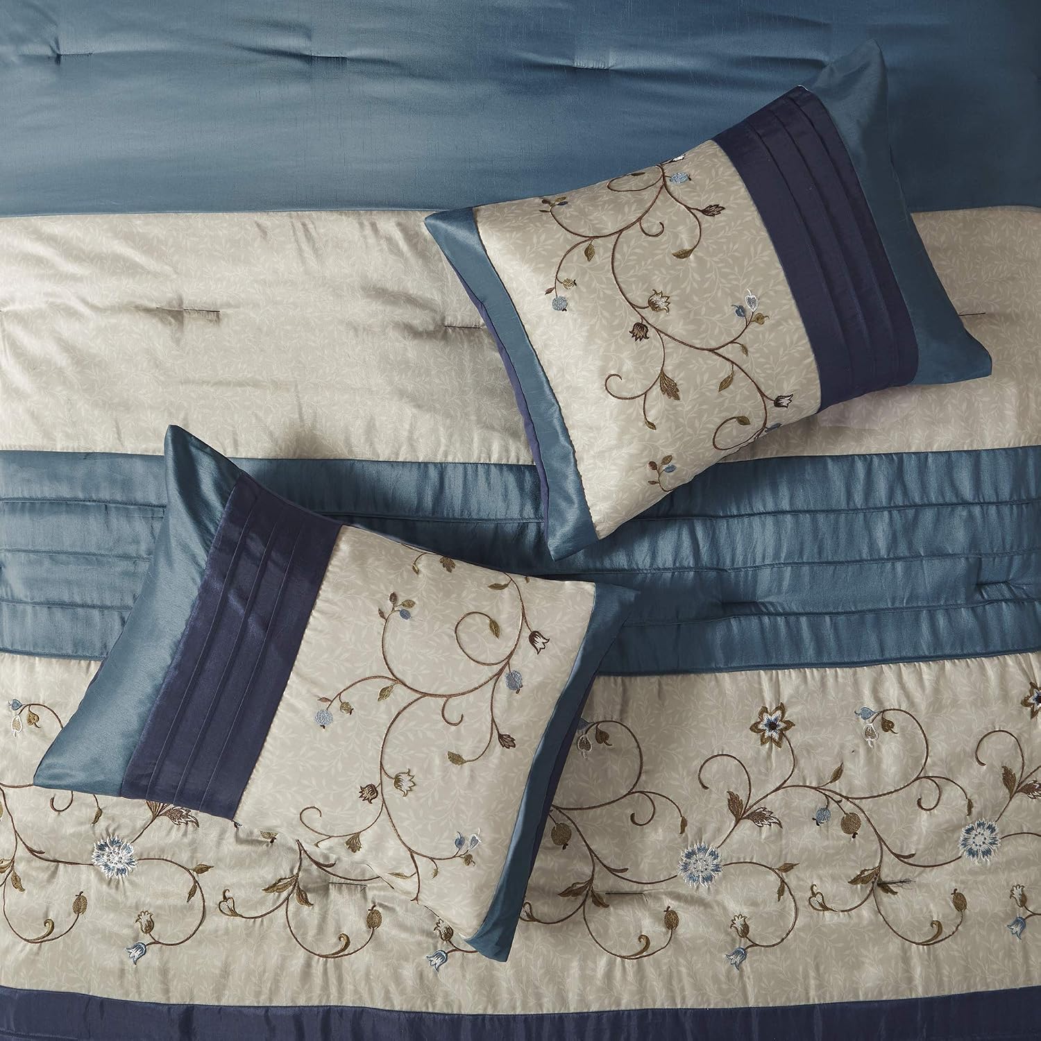 Madison Park Serene Faux Silk Comforter Set - Floral Embroidery Design, All Season Bedding Set, Matching Bed Skirt, Decorative Pillows, Navy Cal King(104'x92') 7 Piece