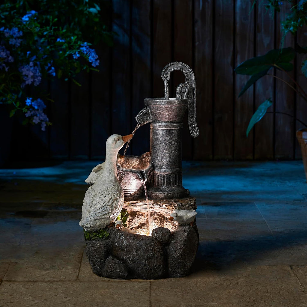 Glitzhome Outdoor Fountain 23.25' Height, Waterfall Fountains Indoor Water Fountain Freestanding Water Feature Fountains with Pump and LED Lights, Outside Garden Backyard Decor, Cute Duck
