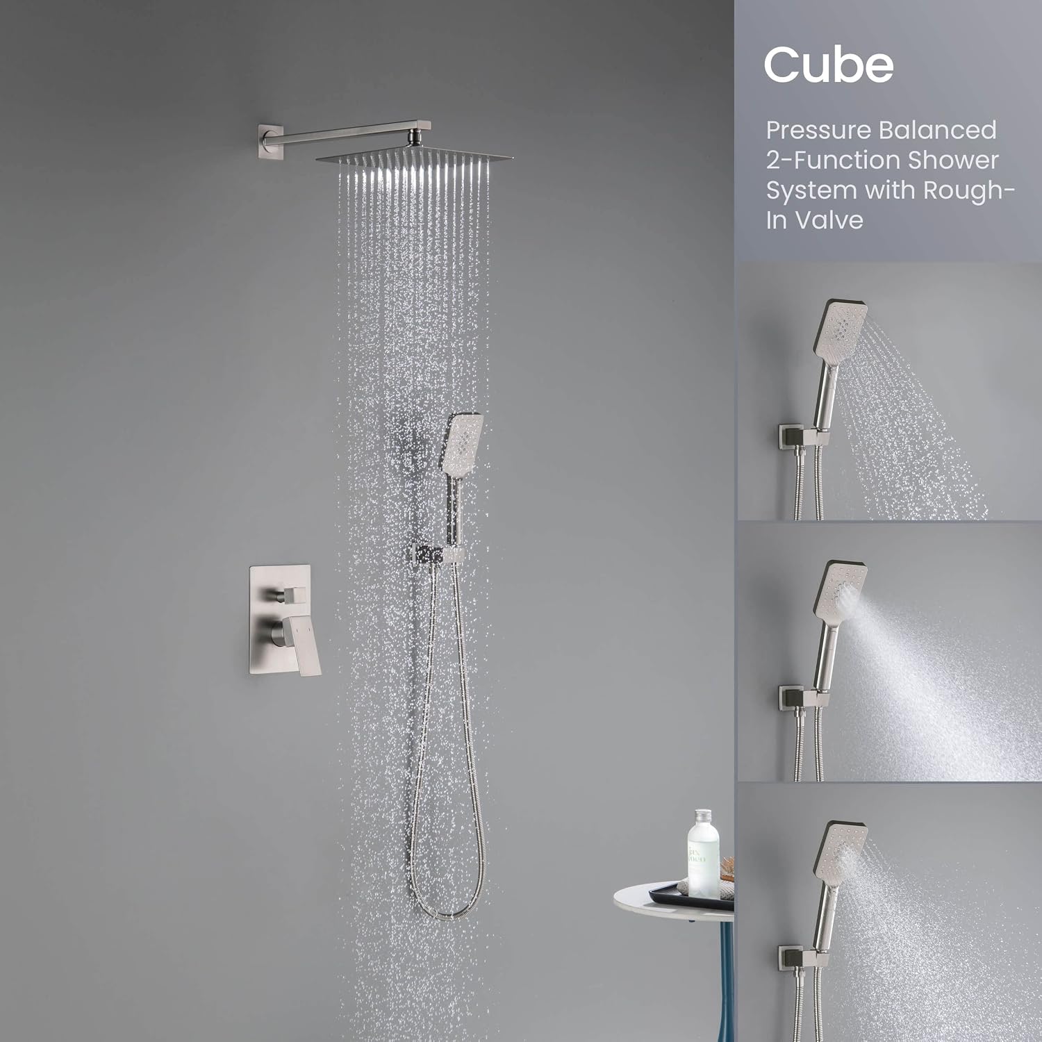KIBI Cube Bathroom Shower System | 2-Function Wall Mounted Shower Faucet Set with Solid Brass Pressure Balanced Valve | Three Hand Shower Modes | 15-inch Long Shower Arm | Brushed Nickel (KSF405)
