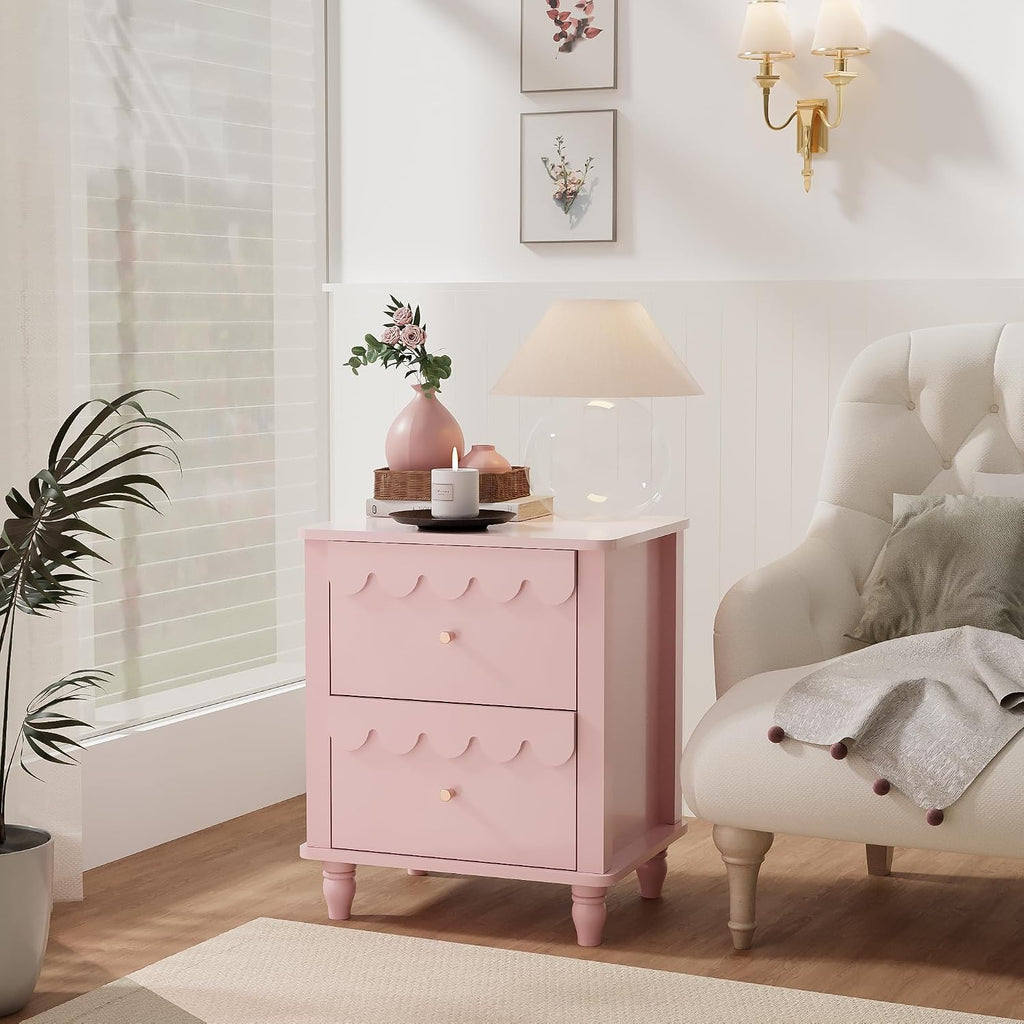Anbuy Bedroom Sets Scalloped 6 Drawer Dresser and Night Stand Sets for Bedroom, Two Drawers Nightstand Set of 2 & 6 Drawer Dresser Combo 3 Pieces (Pink)
