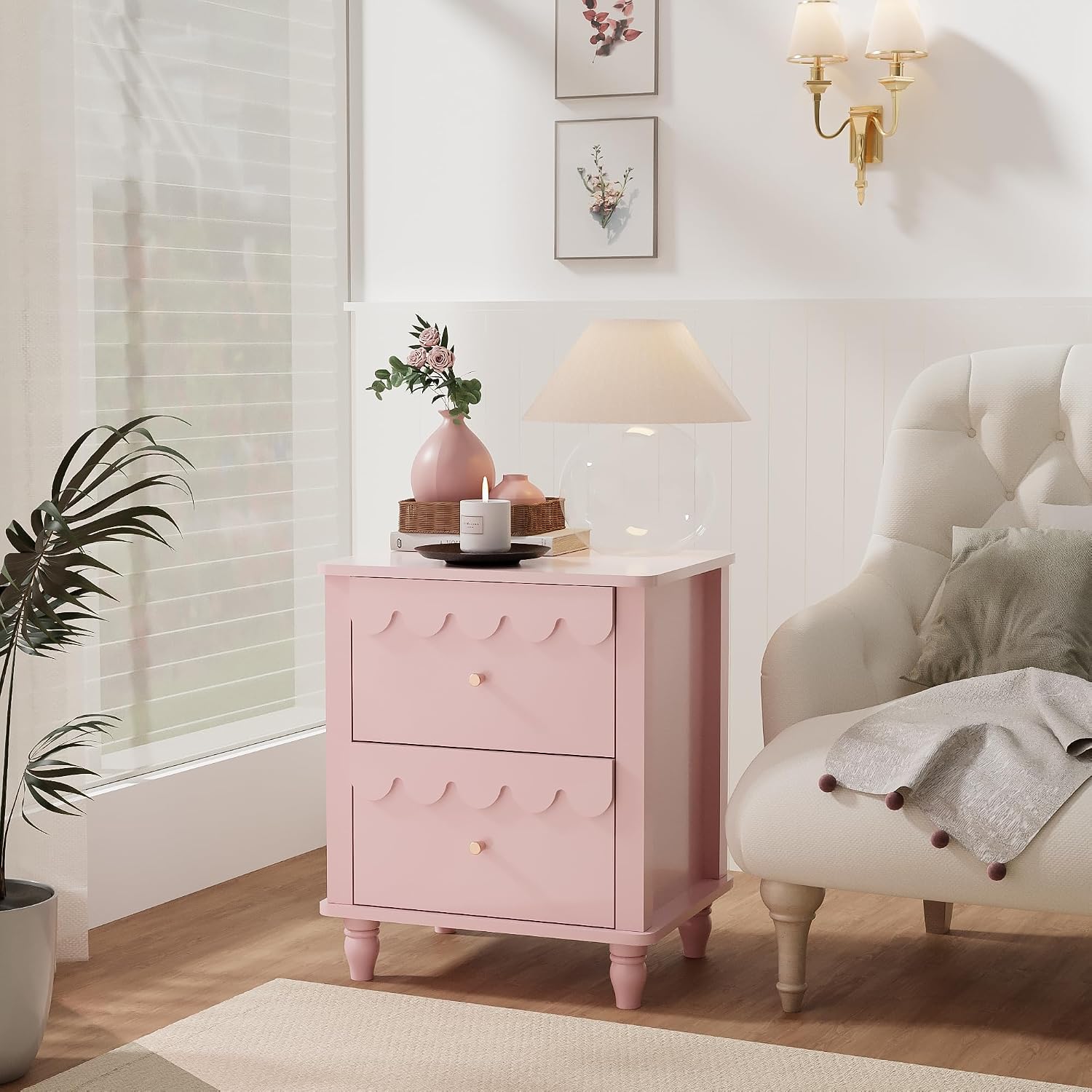 Anbuy Bedroom Sets Scalloped 6 Drawer Dresser and Night Stand Sets for Bedroom, Two Drawers Nightstand Set of 2 & 6 Drawer Dresser Combo 3 Pieces (Pink)