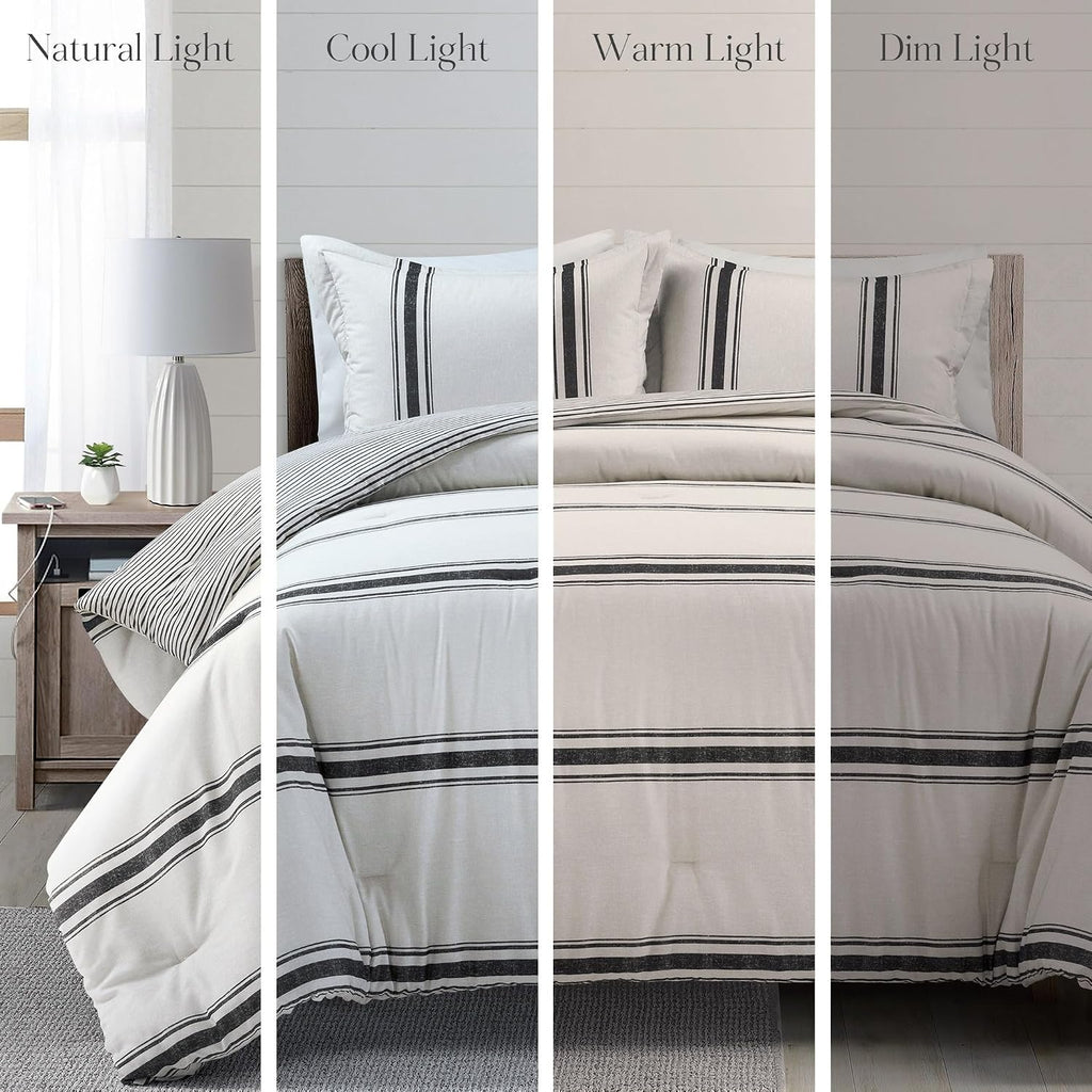 Lush Decor Farmhouse Stripe Reversible Cotton Comforter Set, 3 Piece Set, Full/ Queen, Black - Cozy Farmhouse Bedding Set - Rustic Decor - Striped Comforter - Modern Farmhouse Bedroom Decor