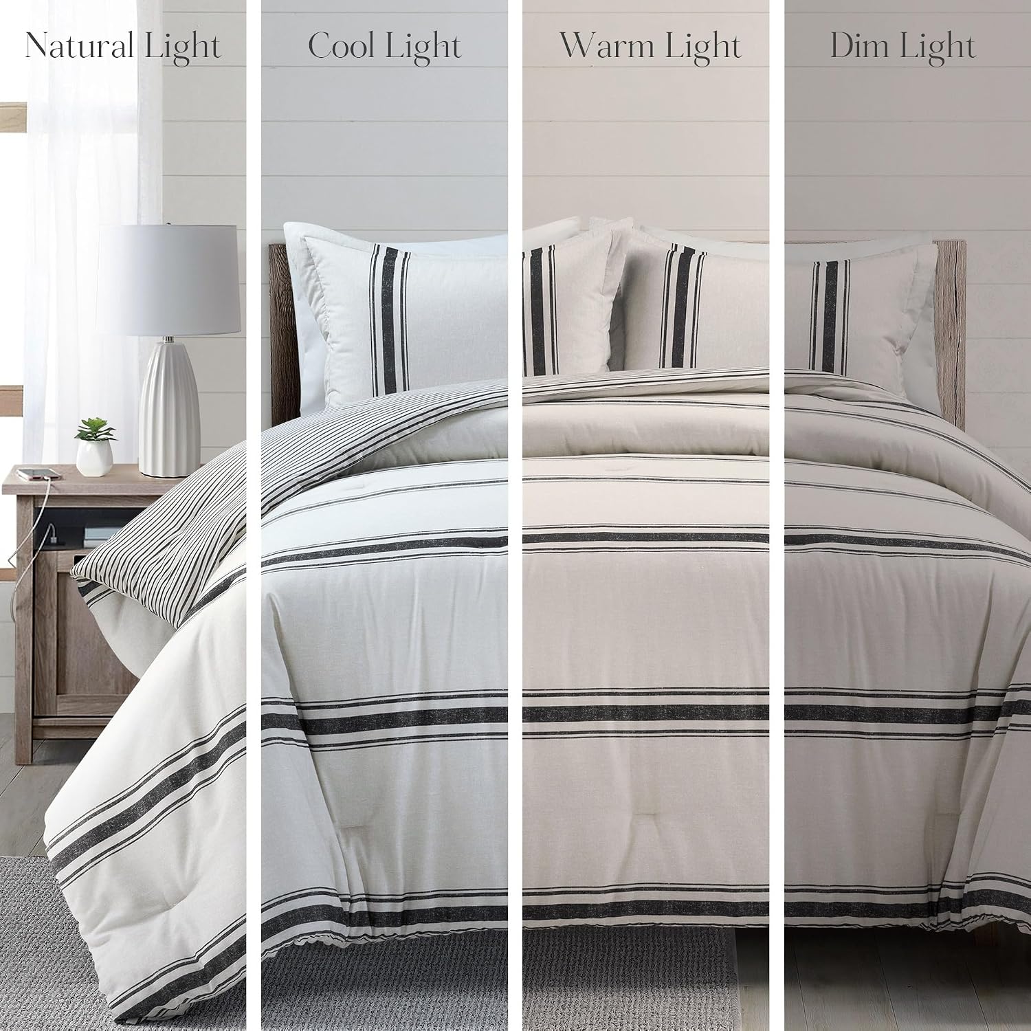 Lush Decor Farmhouse Stripe Reversible Cotton Comforter Set, 3 Piece Set, Full/ Queen, Black - Cozy Farmhouse Bedding Set - Rustic Decor - Striped Comforter - Modern Farmhouse Bedroom Decor