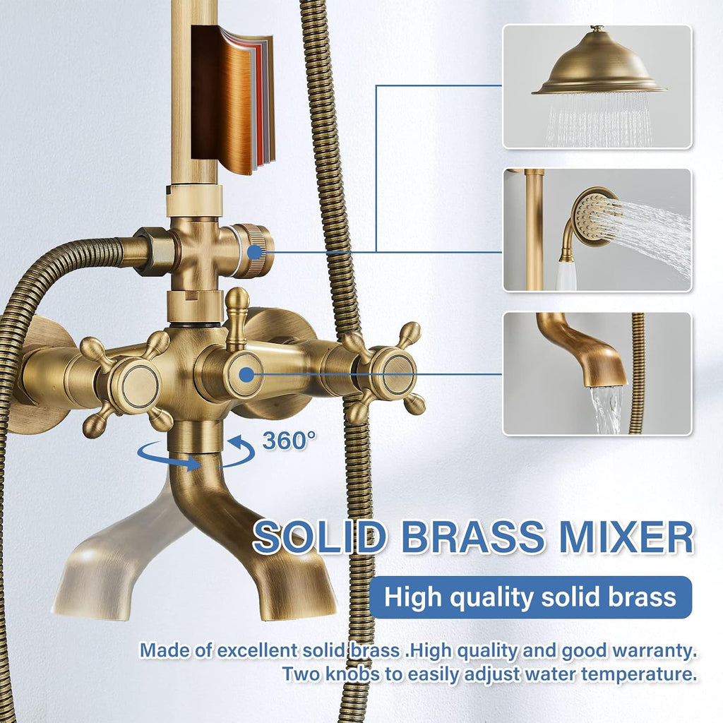 Antique Brass Shower System Bathroom Shower Faucet Set with 8 Inch Shower Head Handheld Spray and 360 ° Rotation Tub Spout 2 Cross Handles Outdoor Shower Fixtures