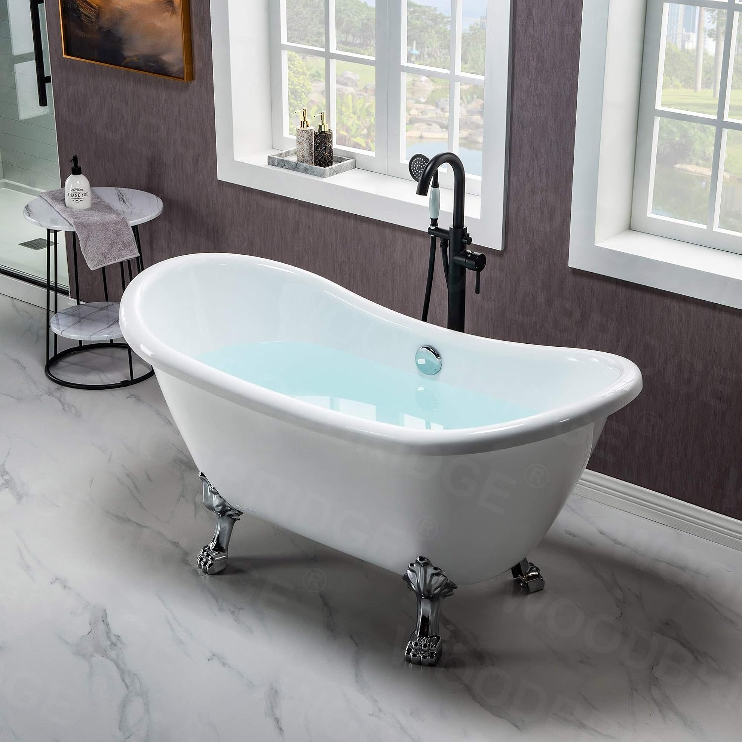 WOODBRIDGE 59' Heavy Duty Acrylic Double Slipper Clawfoot Bath Tub with Chrome Feet + Chrome Drain &Overflow