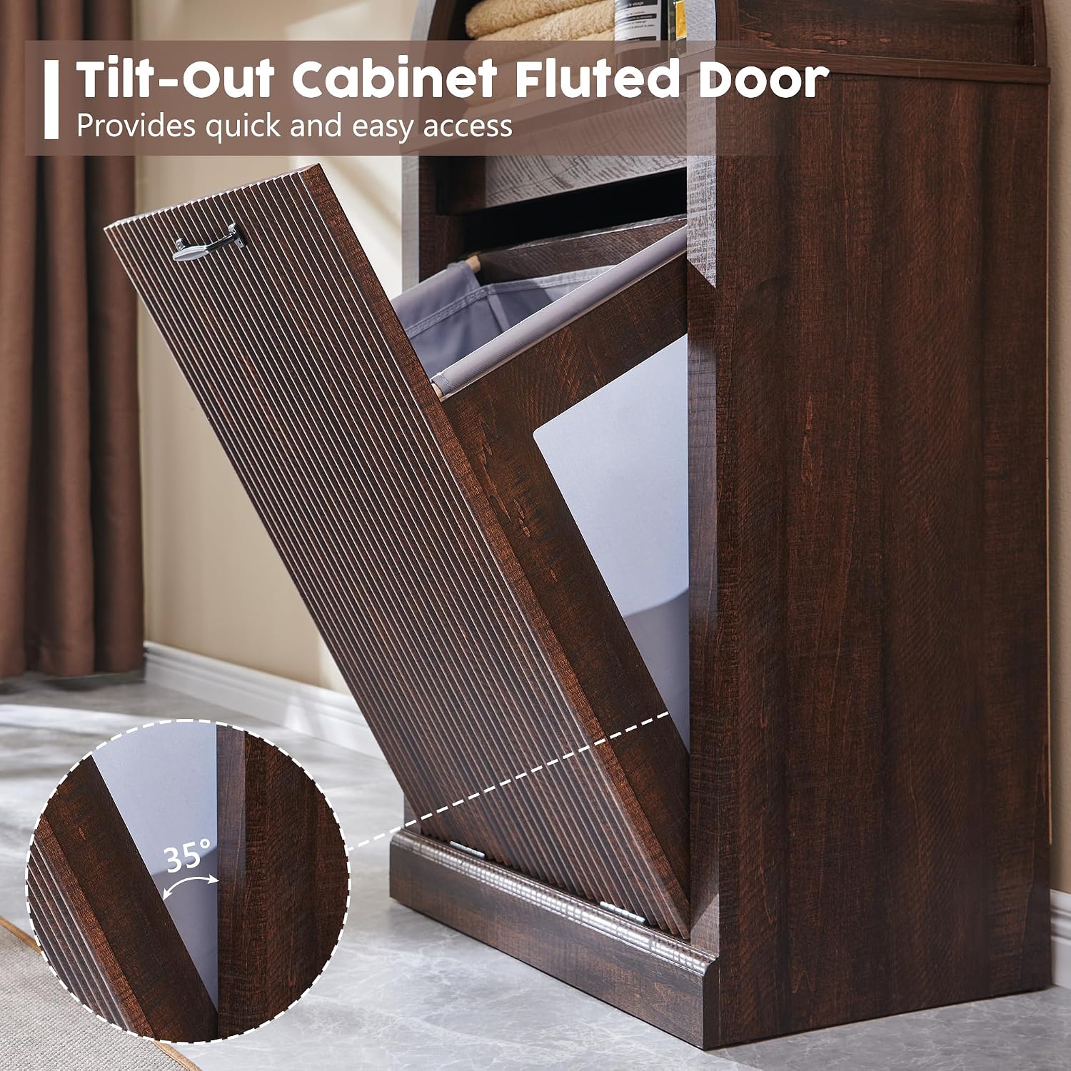 IFGET Arched Tilt-Out Trash Can Cabinet, Fluted 10 Gallon Trash Can Cabinet Set of 2, Modern Laundry Hamper, Hidden Garbage with Storage Basket for Kitchen, Living Room, Brown
