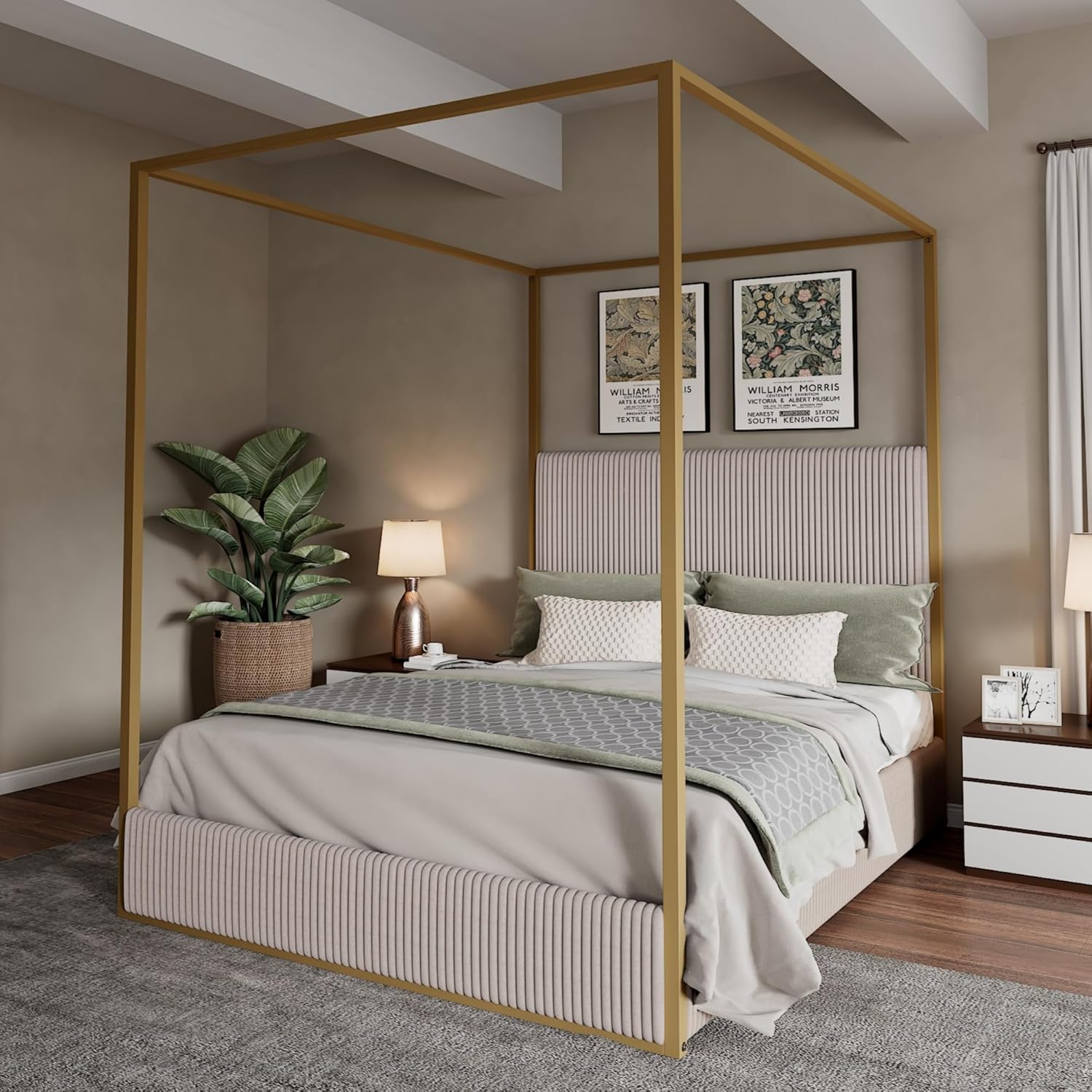 Merax Modern Luxury Queen Metal Canopy Bed with Tall Upholstered Headboard, Gold Four Poster Bed, No Box Spring Needed, Beige