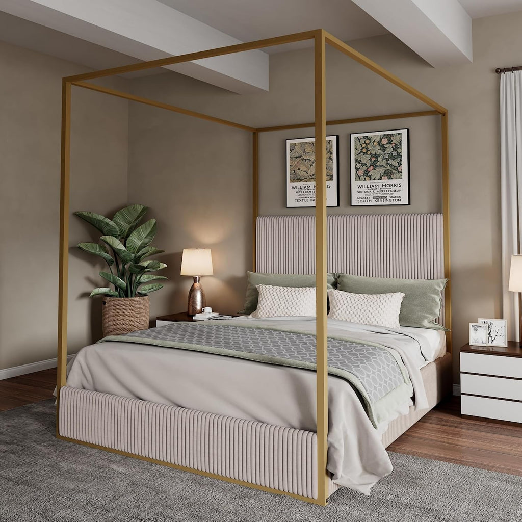 Merax Modern Luxury King Metal Canopy Bed with Tall Upholstered Headboard, Gold Four Poster Bed, No Box Spring Needed, Beige