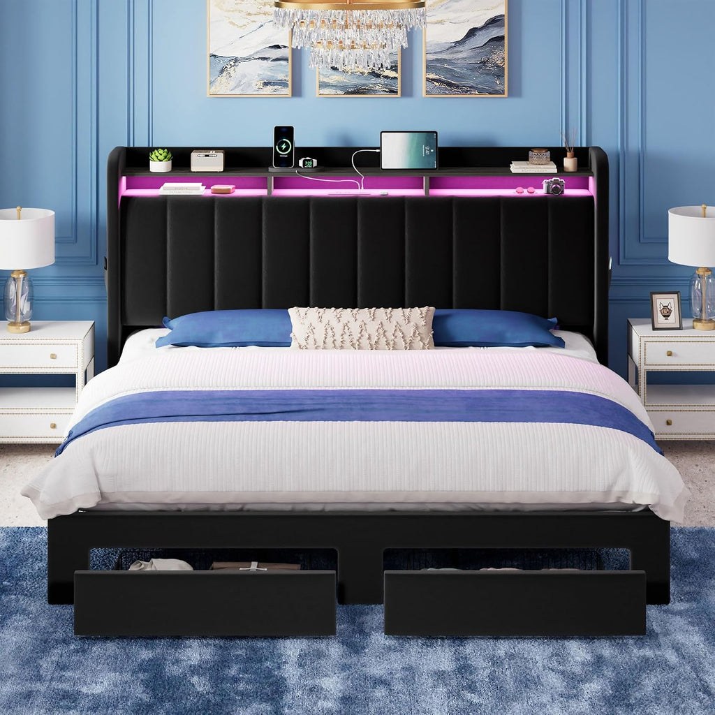 Allewie King Size Bed Frame with 2-Tier LED Storage Headboard, Velvet Upholstered King Platform Bed with 2 Storage Drawers, USB & Type-C Charging Ports, Noise-Free/No Box Spring Needed, Black