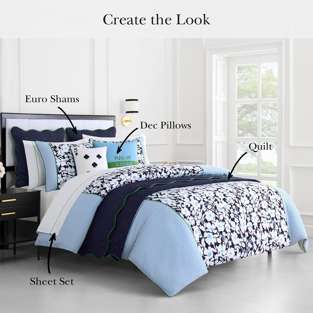 kate spade new york Anemone Field Full/Queen Comforter Set, 100% Cotton Reversible Cover, All Season 3 Piece Bedding, Machine Washable, Blue Multicolor