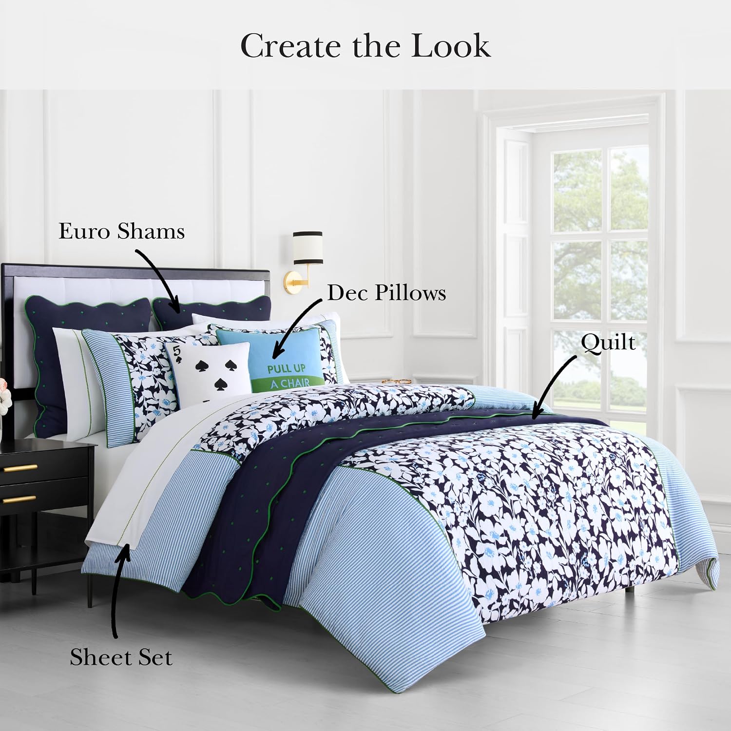 kate spade new york Anemone Field Full/Queen Comforter Set, 100% Cotton Reversible Cover, All Season 3 Piece Bedding, Machine Washable, Blue Multicolor