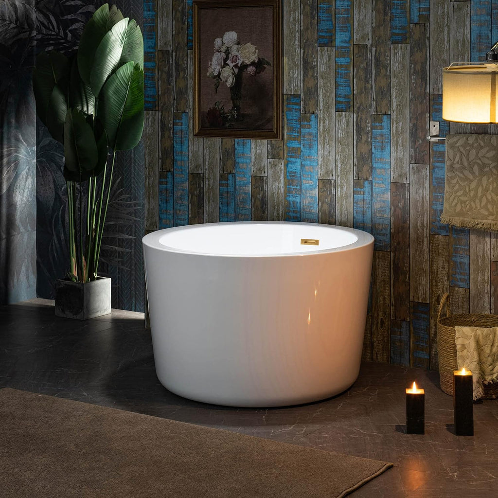 WOODBRIDGE 41' Acrylic Freestanding Round Contemporary Soaking Tub with Pre-molded Seat and Brushed Gold Overflow and Drain Option, White