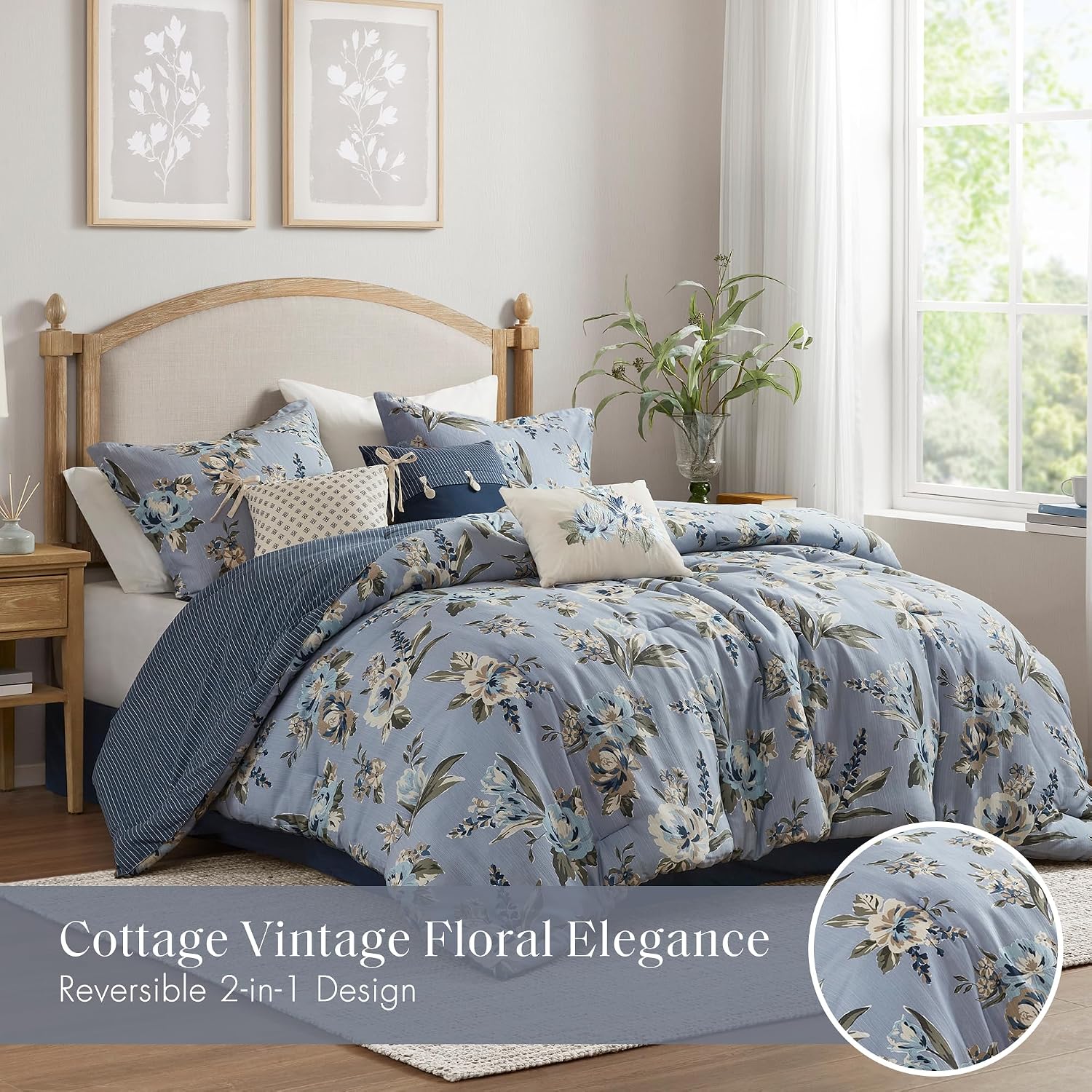 Madison Park Vintage Floral Reversible Comforters Set, Cal King Size Bed, All Season, Down Alternative Bedding Comforter, Bedskirt, Pillows, Shams, Blue 7 Piece