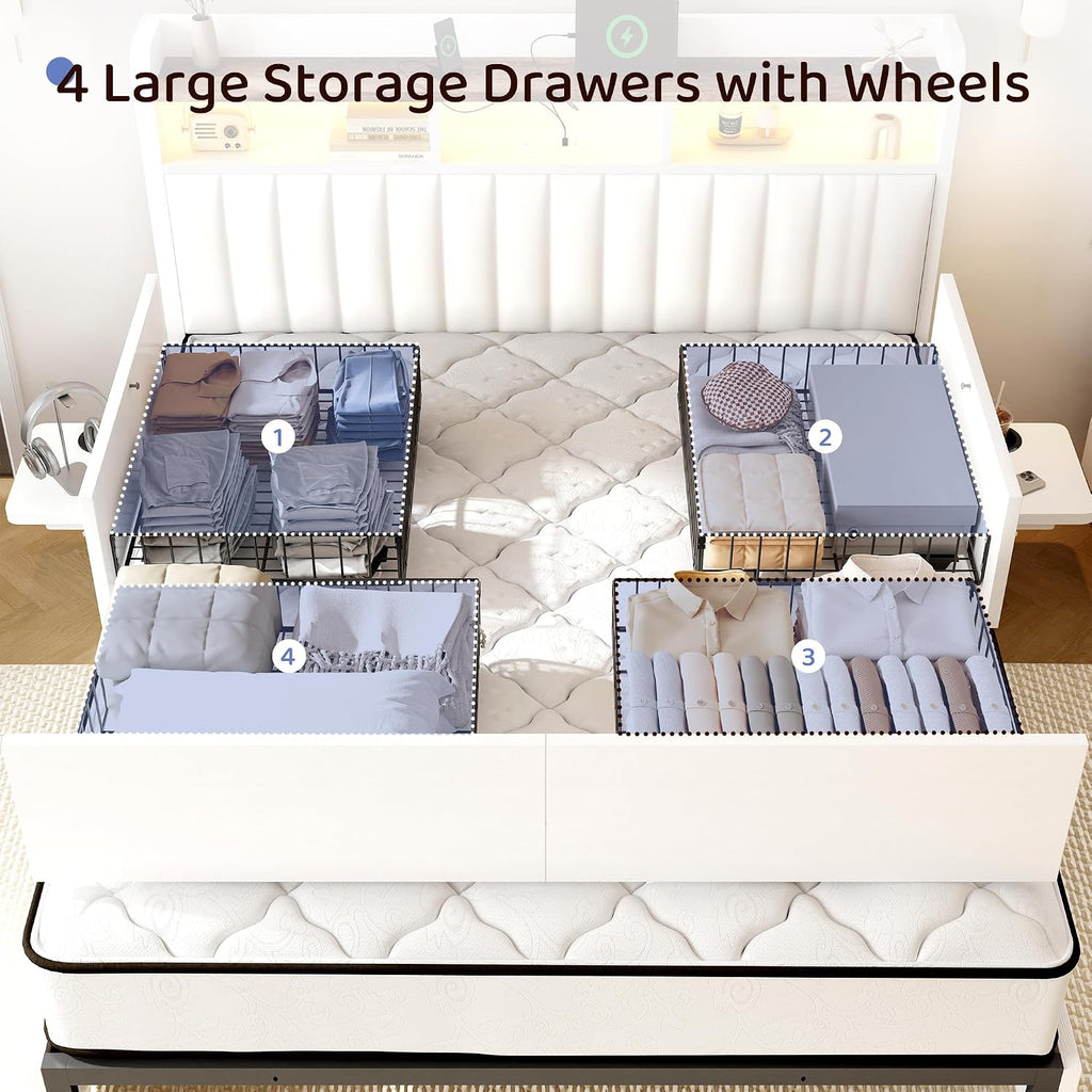 BRELTAM King Bed Frame with Headboard,4 Storage Drawers,and Built-in Adjustable Desk,Charging Station,Easy Assembly,No Box Spring Needed,White