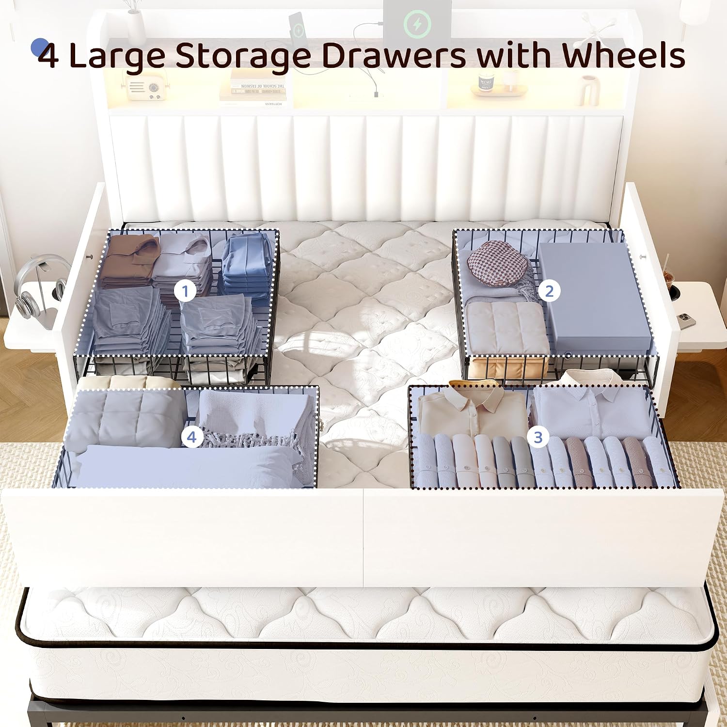 BRELTAM King Bed Frame with Headboard,4 Storage Drawers,and Built-in Adjustable Desk,Charging Station,Easy Assembly,No Box Spring Needed,White