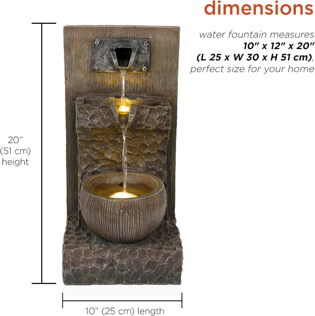 Alpine Corporation ZDQ108 Indoor/Outdoor Floor 3-Tier Fountain with LED Lights, Cascading Garden Water Fountain, 20' H, Brown