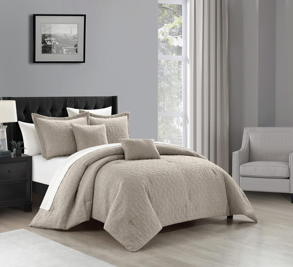 Chic Home Taupe Bed in a Bag Comforter Set, King Size (5 Pieces), New York & Company Trinity - Polyester Bedding with Jacquard Interlaced Pattern - Comforter, Pillow Shams and Decorative Pillows