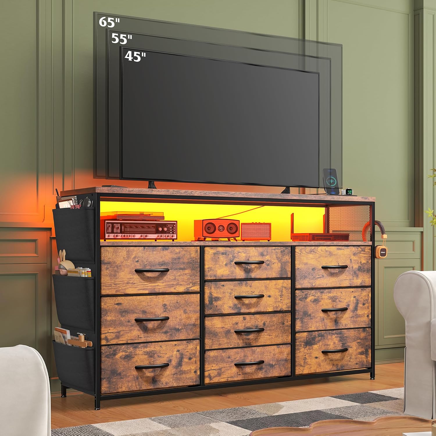EnHomee Dresser for Bedroom with 10 Drawers, 55' TV Stands with LED Lights & Power Outlets, Dressers with Shelves & Side Pockets, Hooks for Hallway,Rustic Brown