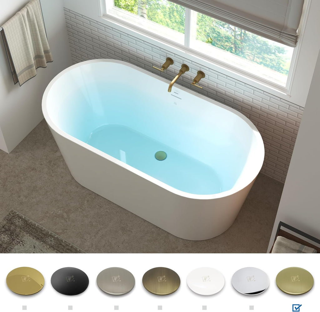FerdY Shangri-La 55' Acrylic Freestanding Bathtub, Ergonomic Lightweight Classic Oval Soaking Bathtub with Brushed Gold Drain, Minimalist Linear Design Overflow, Modern White
