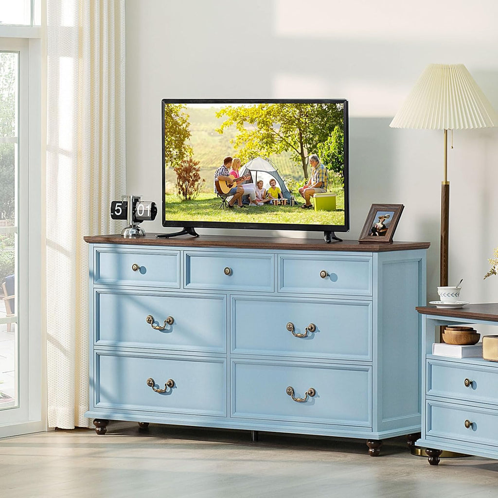 Joaxswe Farmhouse Furniture Set, Nightstands Set of 2 and 7 Drawers Dresser for Bedroom, 54 Inch Wide Wood Dresser and 24' Night Stands with Charging Station for Bedroom, Living Room, Hallway