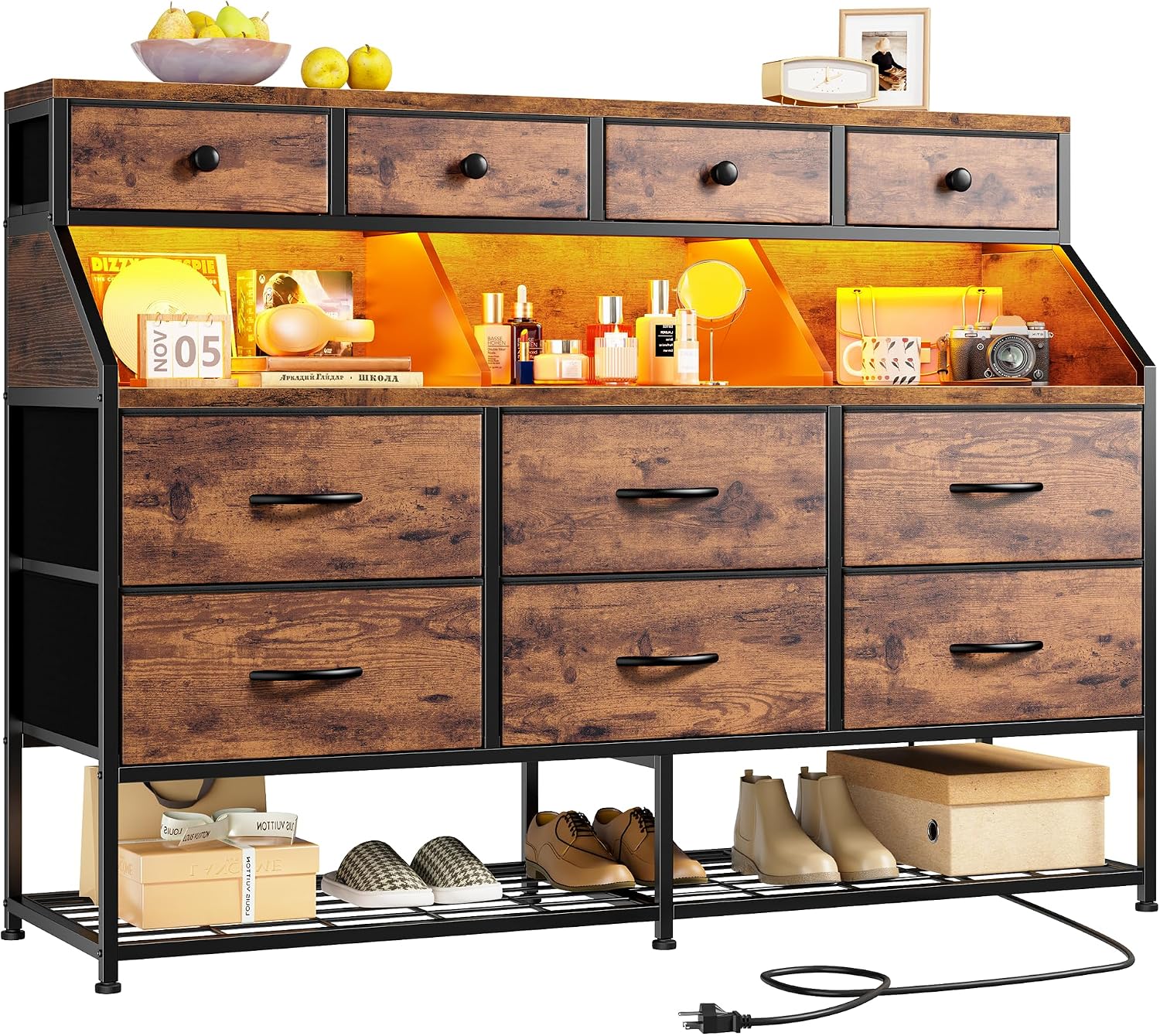 EnHomee Dresser for Bedroom with 10 Drawers & Shoe Rack Fabric Dressers & Chests of Drawers with LED Lights and Power Outlets Bedroom Dresser for Entryway, Hallway (Rustic Brown)