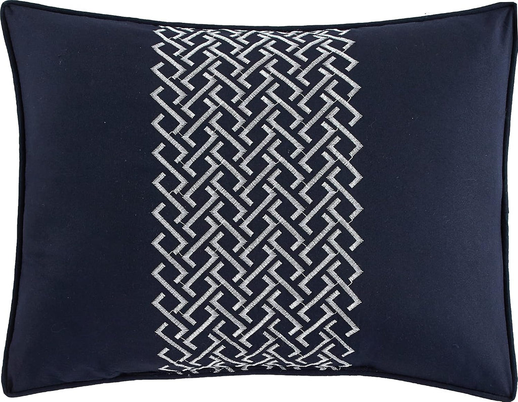 Grand Avenue Navy Damask Patchwork Queen Size Comforter Set, 7 Piece, Chain Stitching Embroidery Ultra Soft, Premium Microfiber, All Season