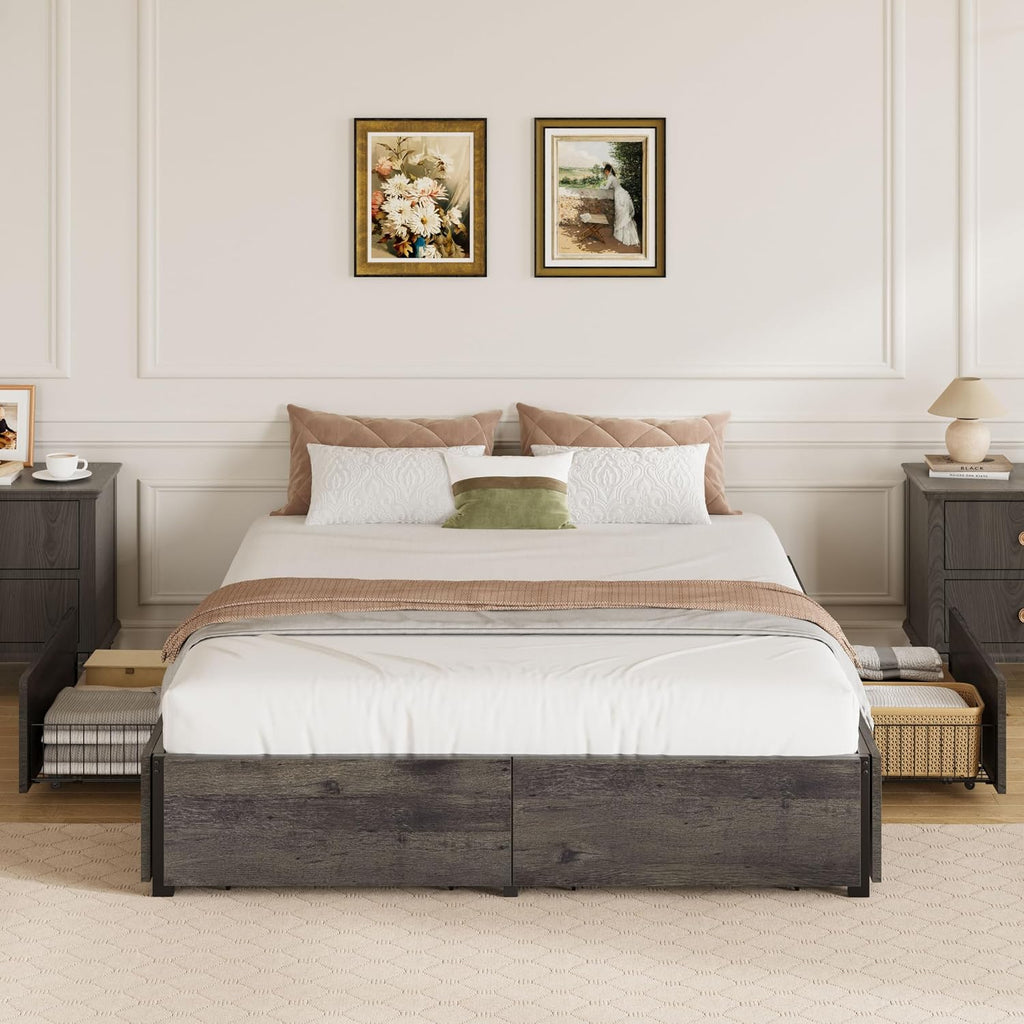 LIKIMIO Queen Bed Frame with Storage, 4 Drawers and Heavy Strong Metal Support Frames, Solid Stable, Noise-Free, No Box Spring Needed, Easy Assembly, Charcoal Grey