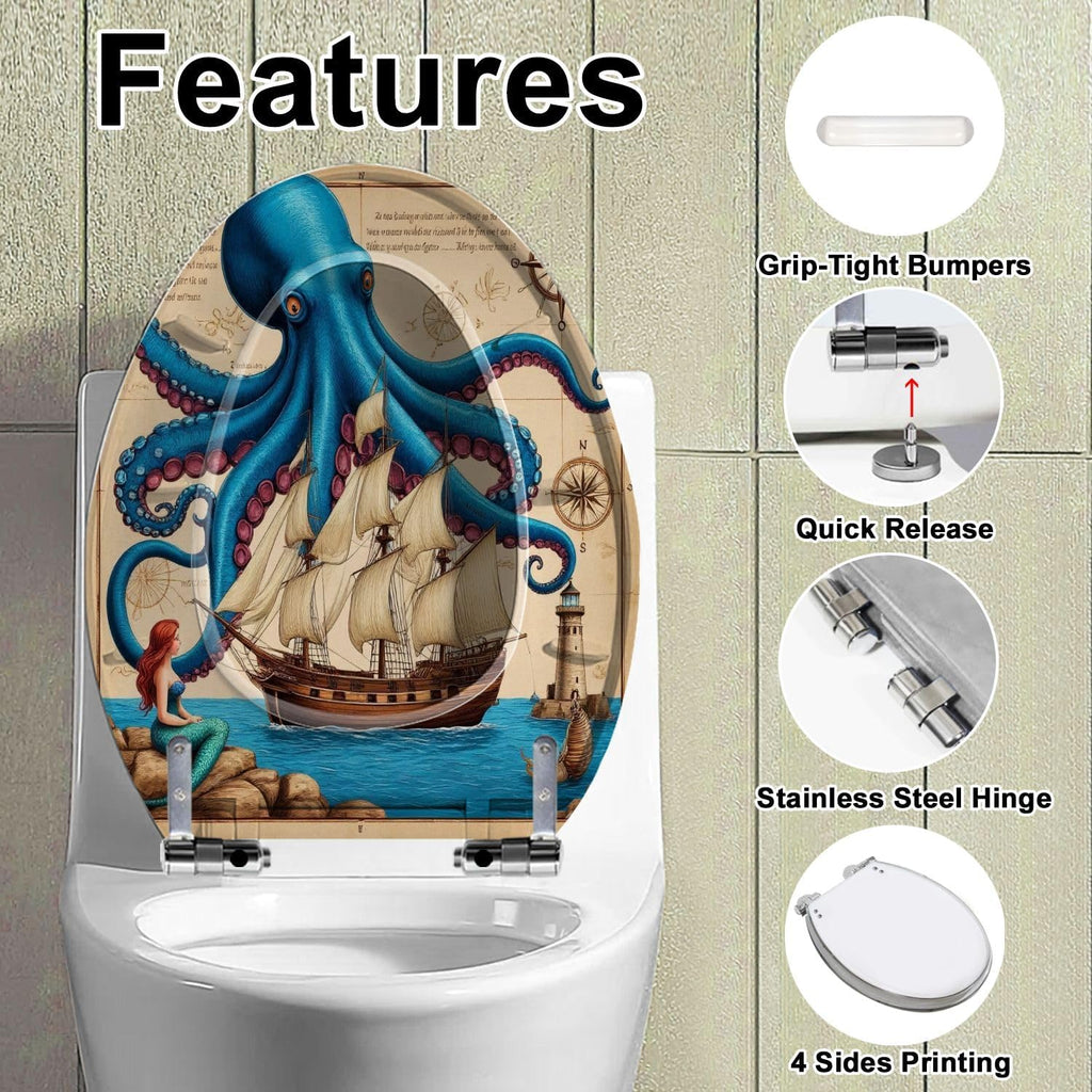 Elongated Toilet Seat Vintage Nautical Octopus Costal Teal Navy Blue Mermaid Funny Ocean Slow Close Soft Close Strong Stainless Steel Hinges Resin Toilet Seat Replacement Bathroom Accessories