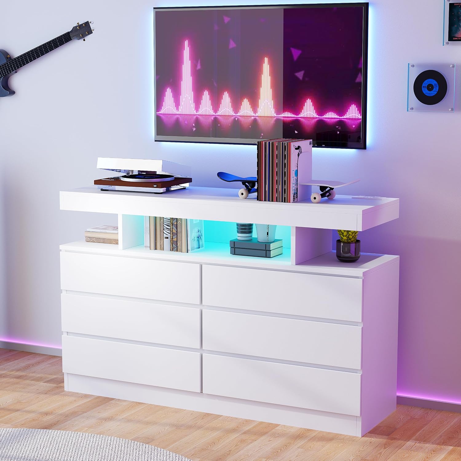 BEWISHOME White Dresser for Bedroom with Charging Station and LED Lights, Wood 6 Drawer Dresser TV Stand with Open Space, Modern Wide Dressers Chest of Drawers for Closet, Living Room, White KCG02W