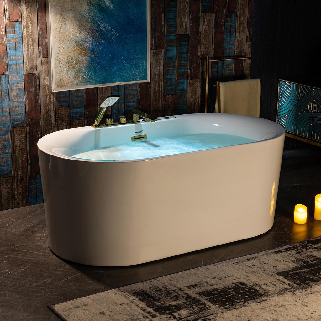 WOODBRIDGE 59' x 31-1/2' Whirlpool and Air Bath Heated Soaking Combination Tub with Adjustable Speed Air Blower, Faucet and Display Control Panel, Brushed Gold Finish Trim and Drain Kit,BG100+F0045BG