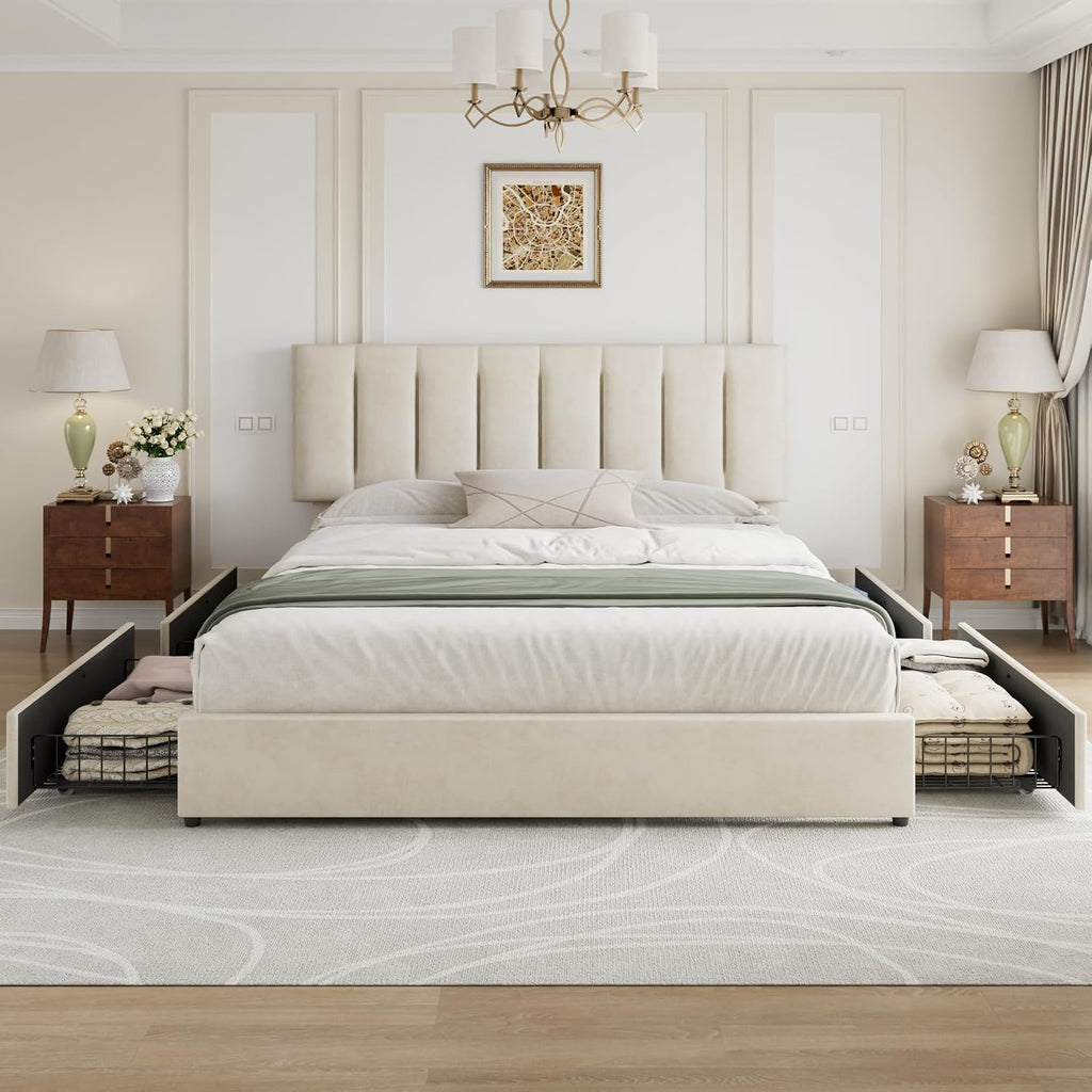 VECELO King Size Bed Frame with 4 Storage Drawers, Adjustable Height Headboard, Heavy-Duty Bedframe with Strong Wooden Slats, No Box Spring Needed, Pale Beige
