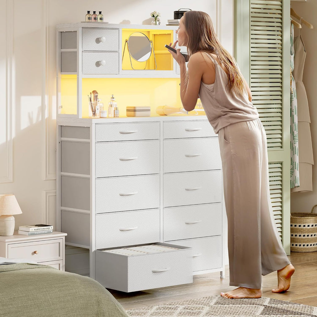 EnHomee 62.8' H Dresser for Bedroom with Multiple Fabric Drawers,White Dresser with Charging Station and LED Lights,Dressers & Chests of Drawers for Bedroom, Steel Frame & Wooden Top, Entryway