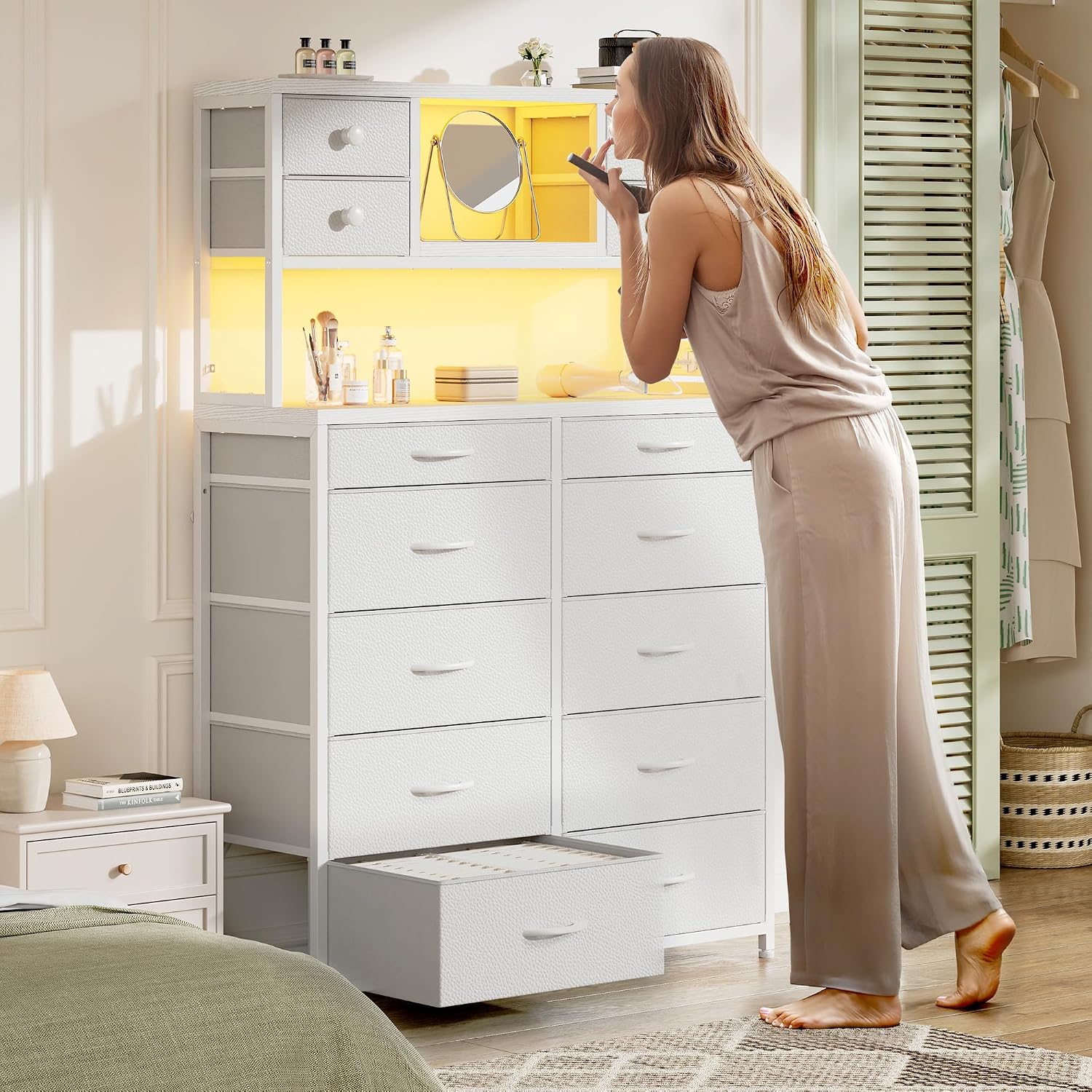 EnHomee 62.8' H Dresser for Bedroom with Multiple Fabric Drawers,White Dresser with Charging Station and LED Lights,Dressers & Chests of Drawers for Bedroom, Steel Frame & Wooden Top, Entryway